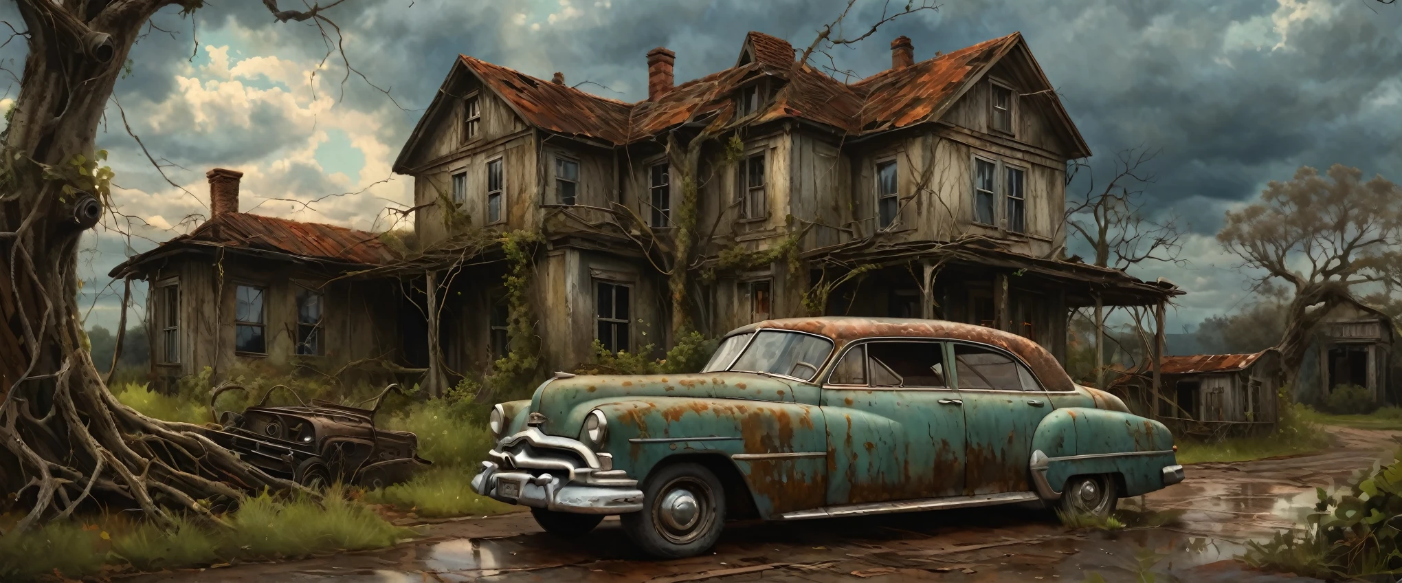 Una casa antigua desgastada, cubierto de enredaderas, Un coche antiguo oxidado aparcado en la entrada., un árbol muerto retorcido que se encuentra en primer plano, espectacular cielo nublado, iluminación cinematográfica, tonos terrosos apagados, Alto detalle, Fotorrealista