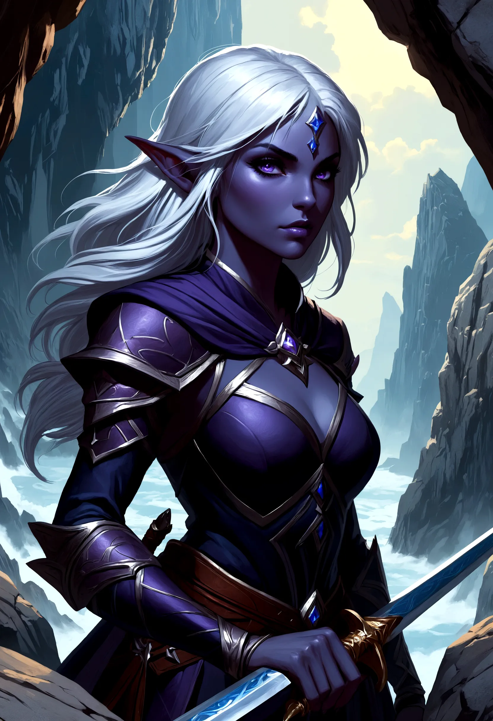 close-up of a woman holding a sword near the rocks,climb岩，climb， noah bradley (noah bradley) inspiring portraits,dark elves，drow...