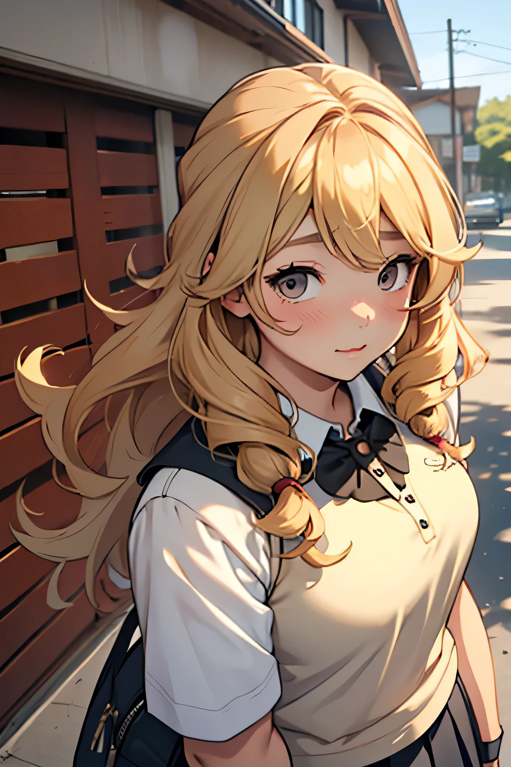 A young girl, chubby body, Chubby face with long, voluminous and curly peach blonde hair, and redbrown eyes wearing a prepschool uniform, cute teenage girl

