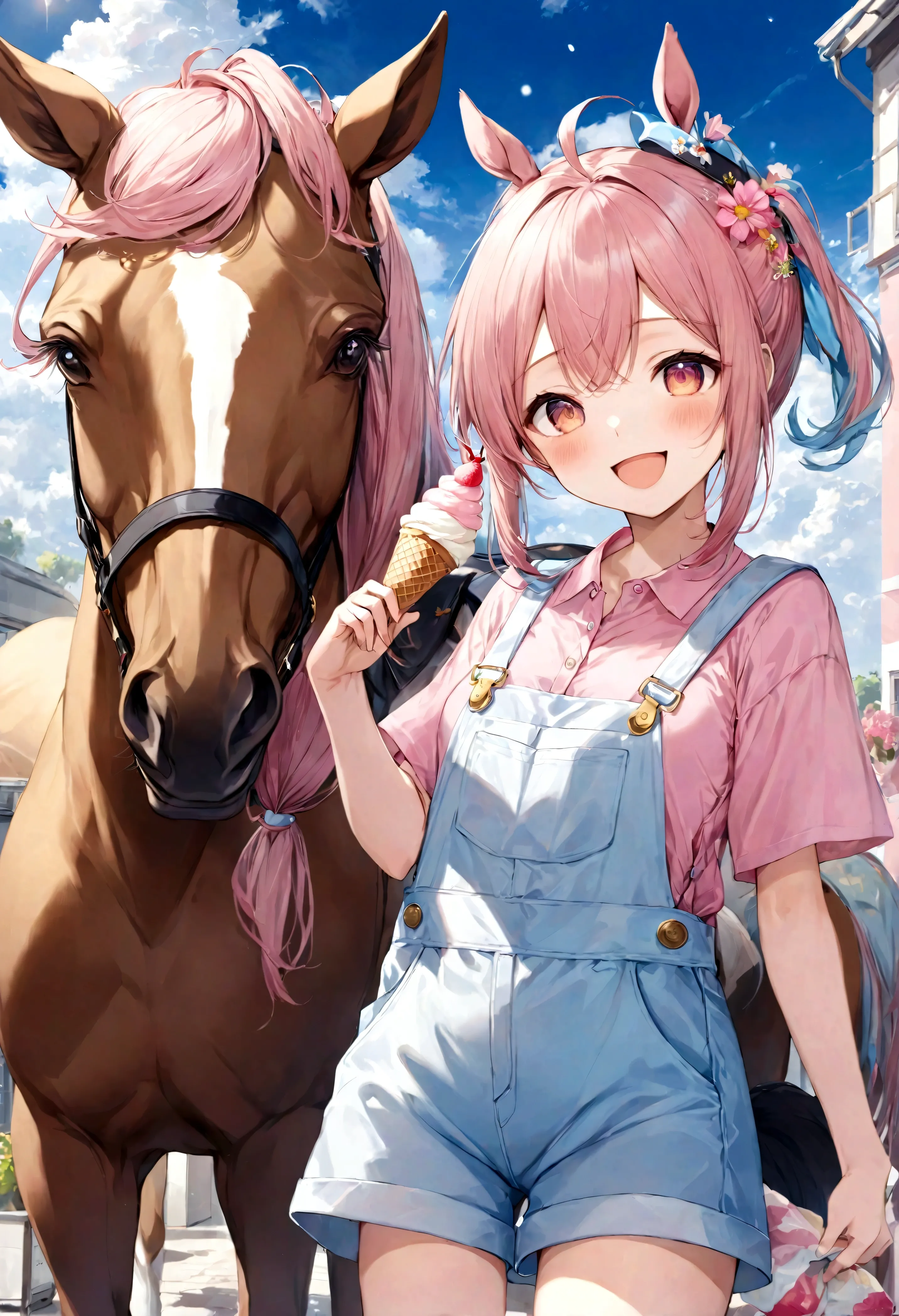 masterpiece、highest quality、1girl、solo、Haruurara、Oversized Overall Shorts、Pink Shirt、ice cream cone、Horse tail accessories(0.6)、Open-mouthed and smiling broadly、Surrounded by a cloudy background、Flower-shaped pupils sparkle。