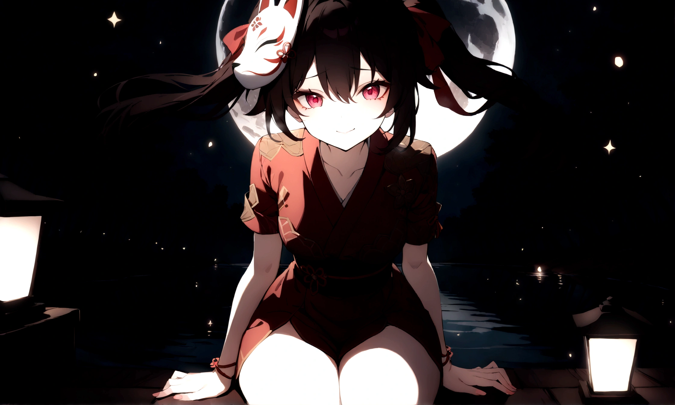 a beautiful girl (sparkle, honkai star rail), twintail dark brown hair ( tied with red ribbon), red short yukata with intricate motifs, fox mask, sitting on the edge of a dock by a forest lake, gazing at the viewer with sadistic eyes, sadistic smile, fireflies glowing around her in the moonlit night, (best quality,4k,8k,highres,masterpiece:1.2)