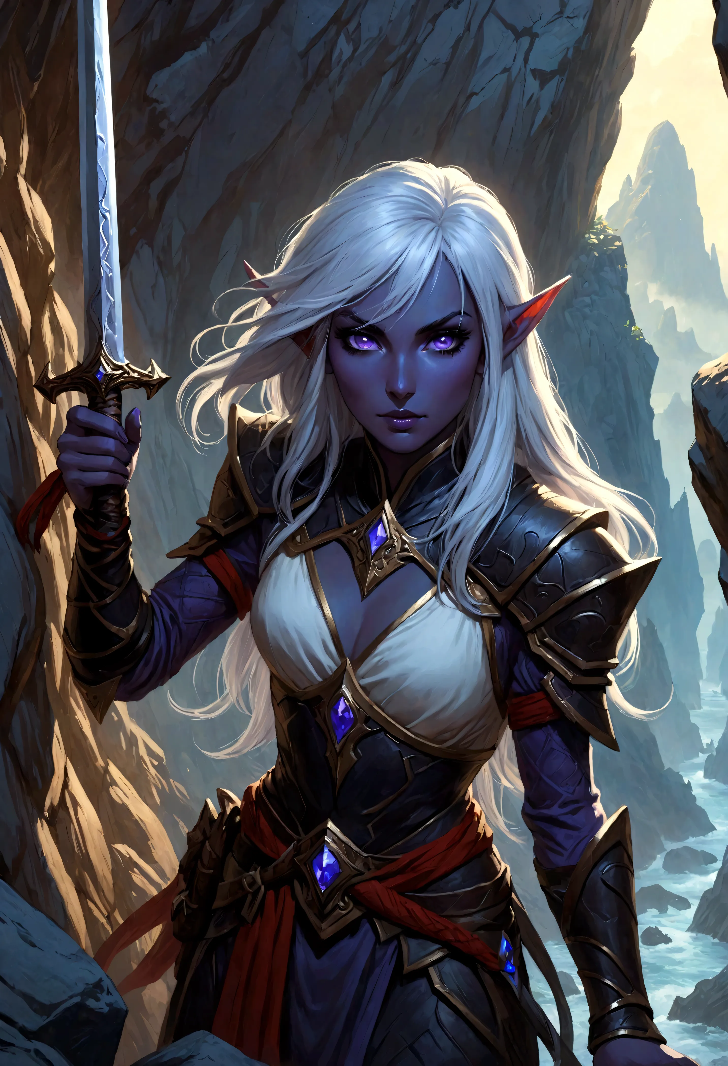 close-up of a woman holding a sword near the rocks,climb岩，climb， noah bradley (noah bradley) inspiring portraits,dark elves，drow...