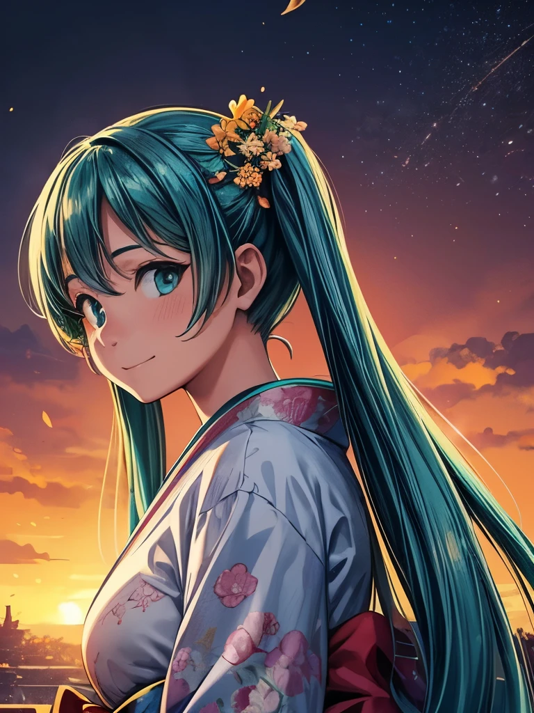 (masterpiece、highest quality、highest quality、Official Art、Beautiful and beautiful:1.2)、(One girl:1.3)Hatsune Miku、Twin tails,Beautiful breasts,award winning Digital Art, Portrait of a beautiful woman in a kimono, Move your head、Long, flowing hair in an azure, turquoise hairstyle, Big smile, Sparklingした目, sexy, In the flower field, Golden sunset, Particles Dust, Sparkling, Paint splashes, Splash, Overtake, Vaporware, Shaded flat illustration, Digital Art, Trending on Art Station, Very detailed, The finer details, complicated、