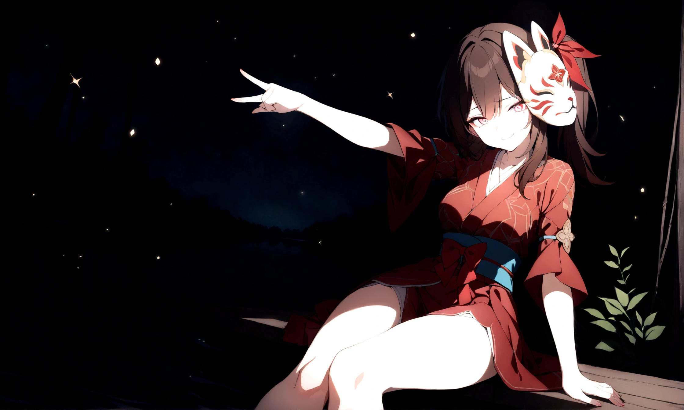 a beautiful girl (sparkle, honkai star rail), twintail dark brown hair ( tied with red ribbon), red short yukata with intricate motifs, fox mask, sitting on the edge of a dock by a forest lake, gazing at the viewer with sadistic eyes, sadistic smile, fireflies glowing around her in the moonlit night, (best quality,4k,8k,highres,masterpiece:1.2)