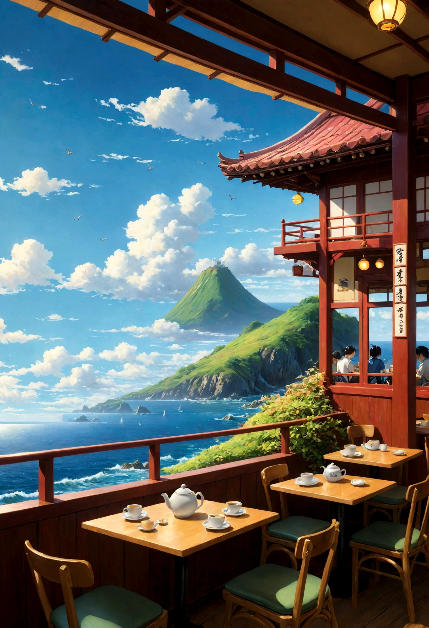 mangá japonês, Café com vista para o mar, Pinturas realistas inspiradas por Michael Cormack, popular na estação de arte, realismo mágico, céu espacial. por Xin Haichen, ( ( Xin Haichen ) ), por Xin Haichen, arte conceitual de relaxamento, Xin Haichen. —h 2160