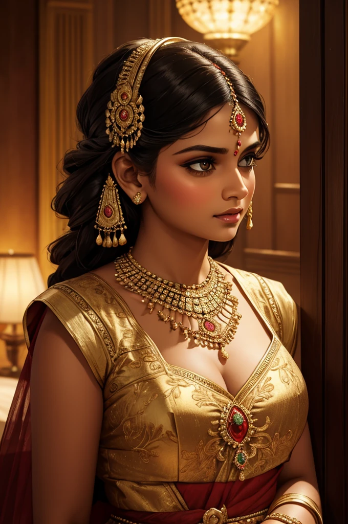 a beautiful portrait of a young indian woman, intricate details, ornate jewelry, traditional indian dress, dramatic lighting, rich colors, raja ravi varma art style, photo-realistic, highly detailed, cinematic composition, masterpiece, best quality, 8k, ultra-detailed