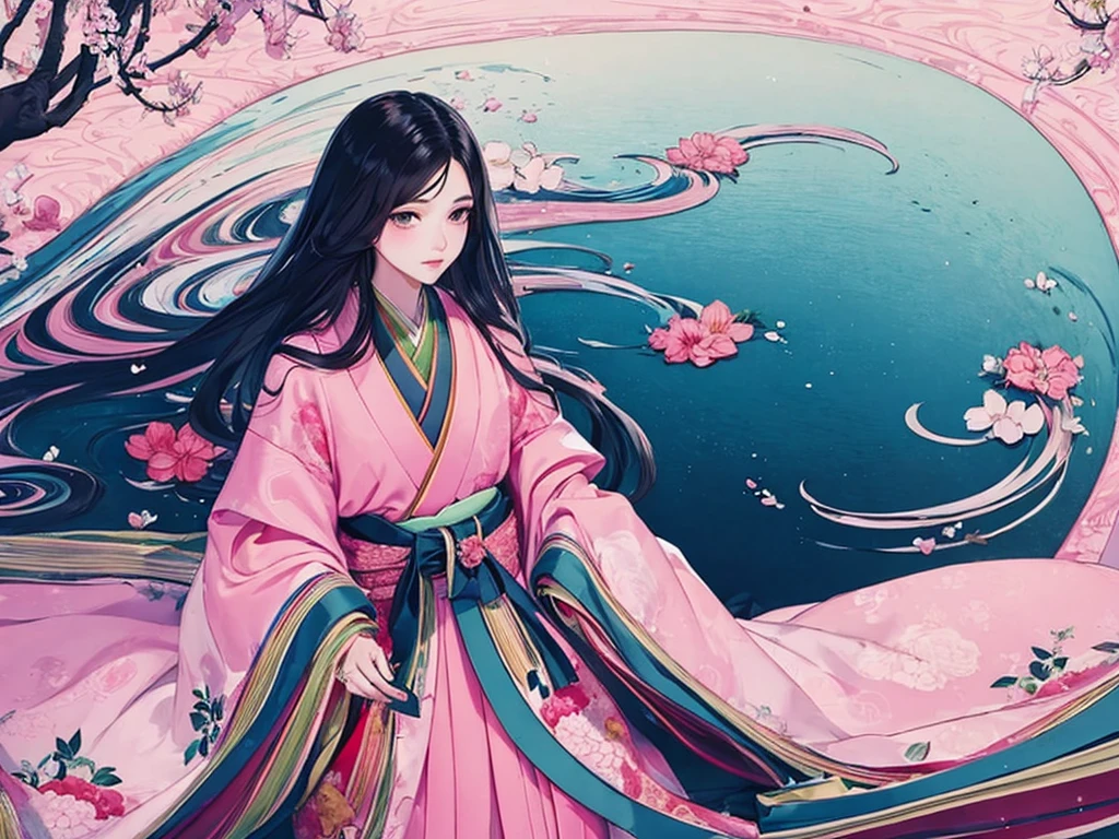 White background，uunihitoe，(masterpiece, highest quality, highest quality，aesthetics:1.2)，From the side，Esbian all over，noble，１PeopleBeautiful Princess，Beautiful Skin，(Straight Hair　Long beautiful black hair　wealthy)，Beautiful round eyes，(kimono　Gentle pink hue　The beauty of layered colors)，Silk luster，Layered collar，Wide sleeves，Long hakama hem