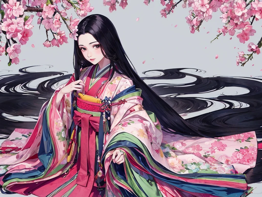 White background，juunihitoe，(masterpiece, highest quality, highest quality，aesthetics:1.2)，From the side，Esbian all over，noble，１PeopleBeautiful Princess，Beautiful Skin，(Straight Hair　Long beautiful black hair　wealthy)，Beautiful round eyes，(kimono　Gentle pink hue　The beauty of layered colors)，Silk luster，Layered collar，Wide sleeves，Long hakama hem