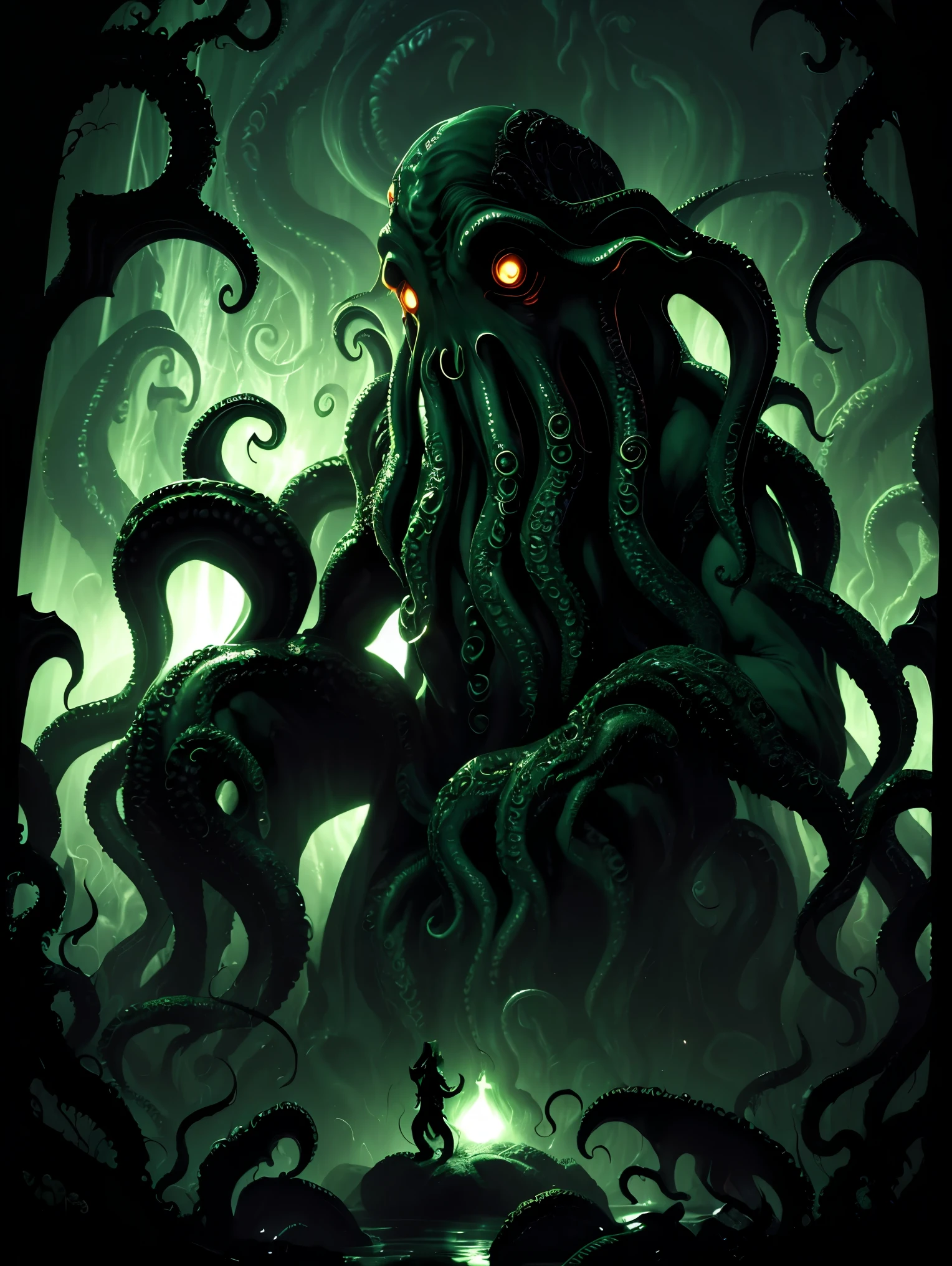 (((Cthulhu))), CthulhuArte Gráfico, tablero de diseño de cthulhu, criaturas cósmicas, Gran Cthulhu, horror oscuro, horror cósmico, En la oscuridad, tenue iluminación, obra maestra:1.2,