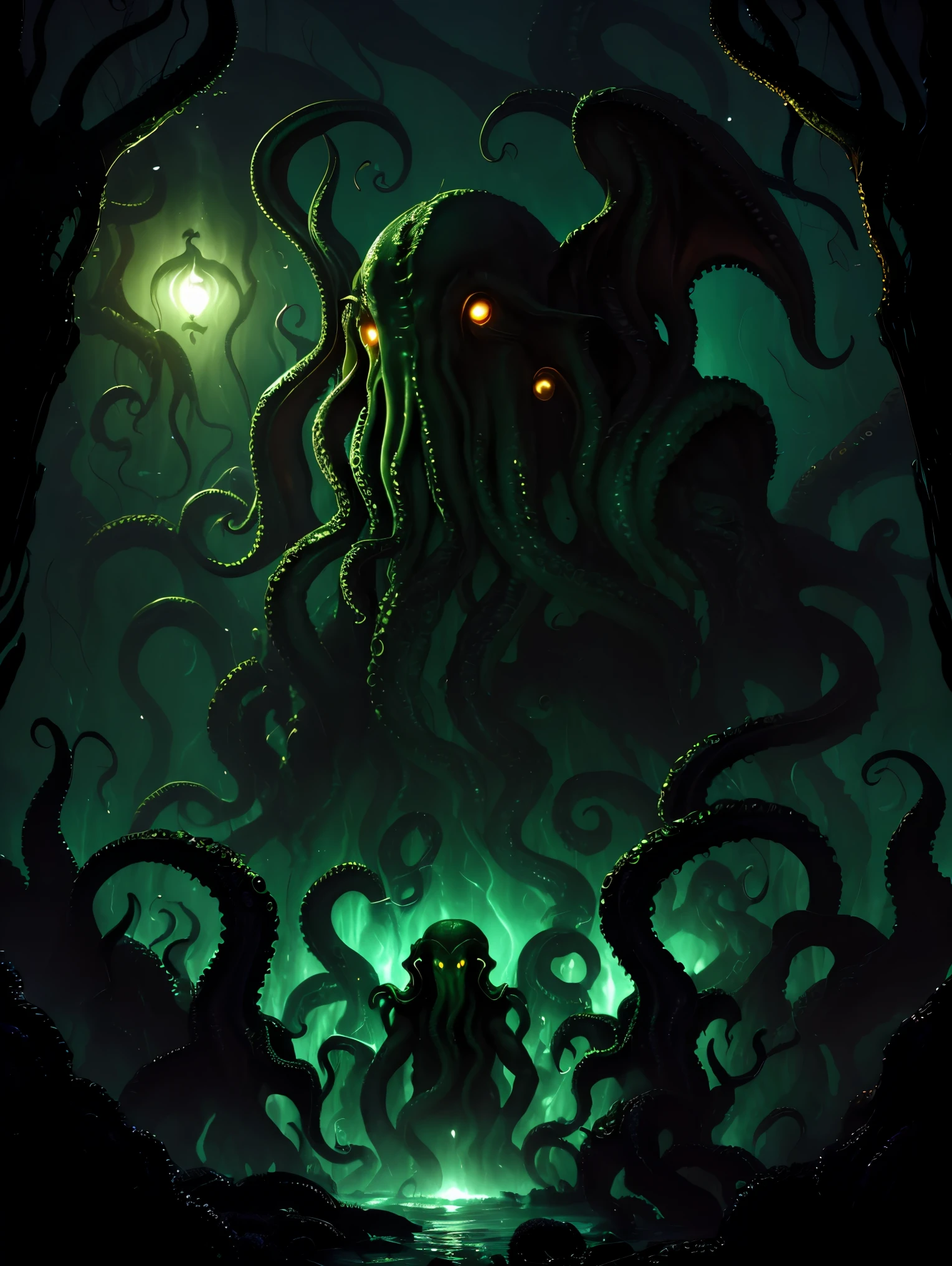 (((cthulhu))), cthulhuグラフィックアート, cthulhuデザインボード, Créatures cosmiques, 大いなるcthulhu, Horreur sombre, Horreur cosmique, Dans l&#39;obscurité, lumière tamisée, chef-d&#39;œuvre:1.2,