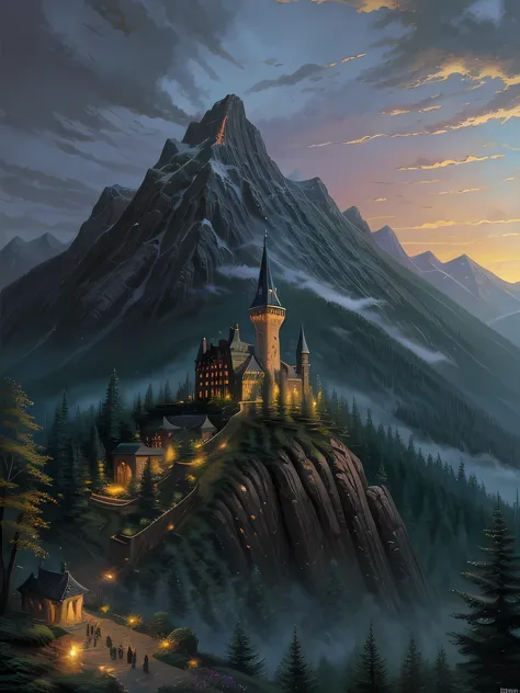A tall, dark, sinister, forbidding wizards tower at the foot of a mountain range, surrounded by stone walls and forest, painting...