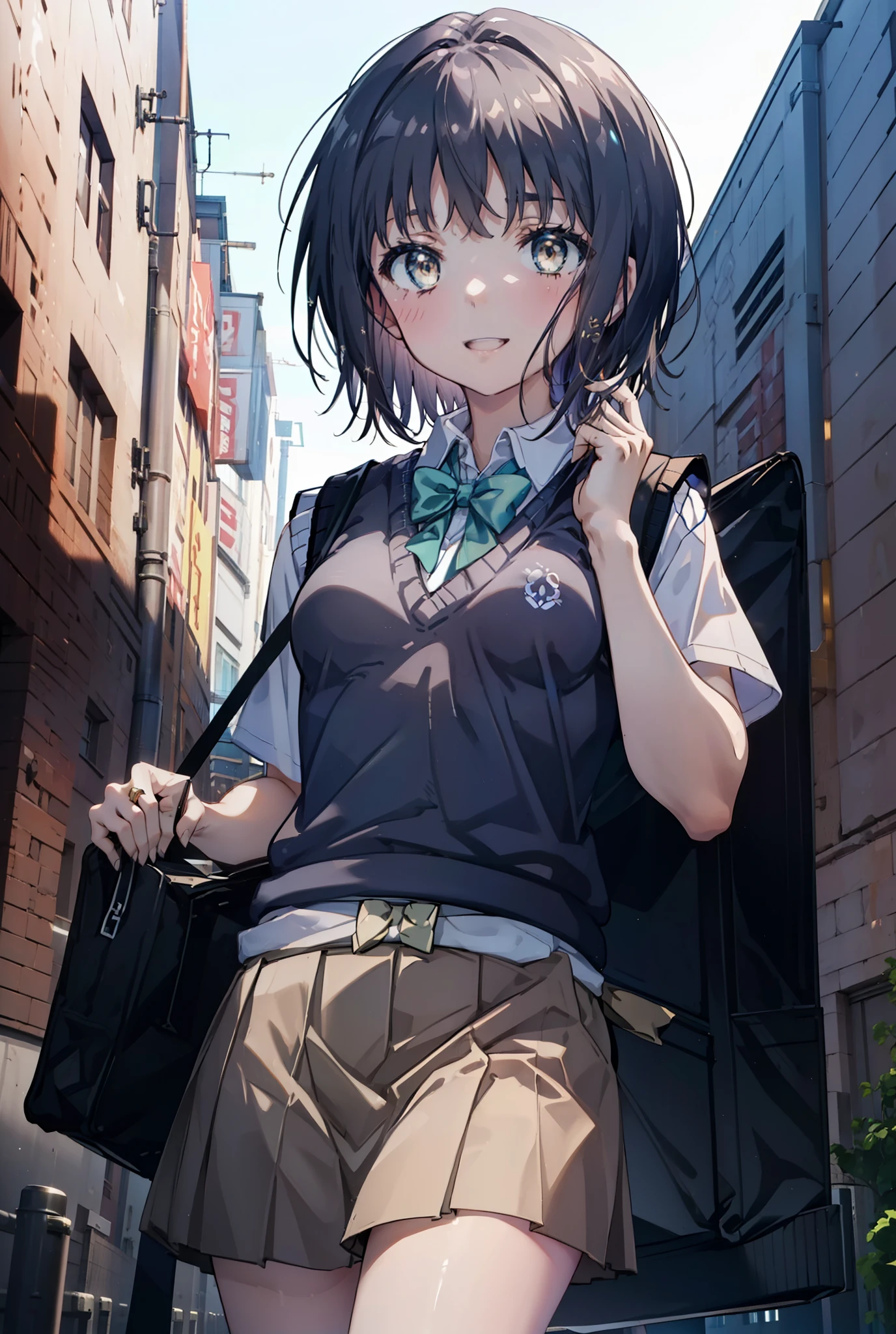 masterpiece, highest quality, Confused, Perfect Anatomy, 1 girl, alone, Itsuwa,short hair,Black Hair,Brown eyes,smile,blush,Open your mouth,Happy atmosphere,break skirt, shirt, bow, ribbon, , white shirt, Short sleeve, Pleated skirt, collared shirt, mini skirt, bowtie, 黒いloafers , Black Skirt, Black pantyhose, loafers, green bow, whole bodyがイラストに入るように, (blue sweater vest:1.5),evening,Sunset,The sun is setting,walking,break outdoors, Building district,
break looking at viewer, whole body,
break (masterpiece:1.2), highest quality, High resolution, unity 8k wallpaper, (figure:0.8), (Beautiful fine details:1.6), Highly detailed face, Perfect lighting, Highly detailed CG, (Perfect hands, Perfect Anatomy),