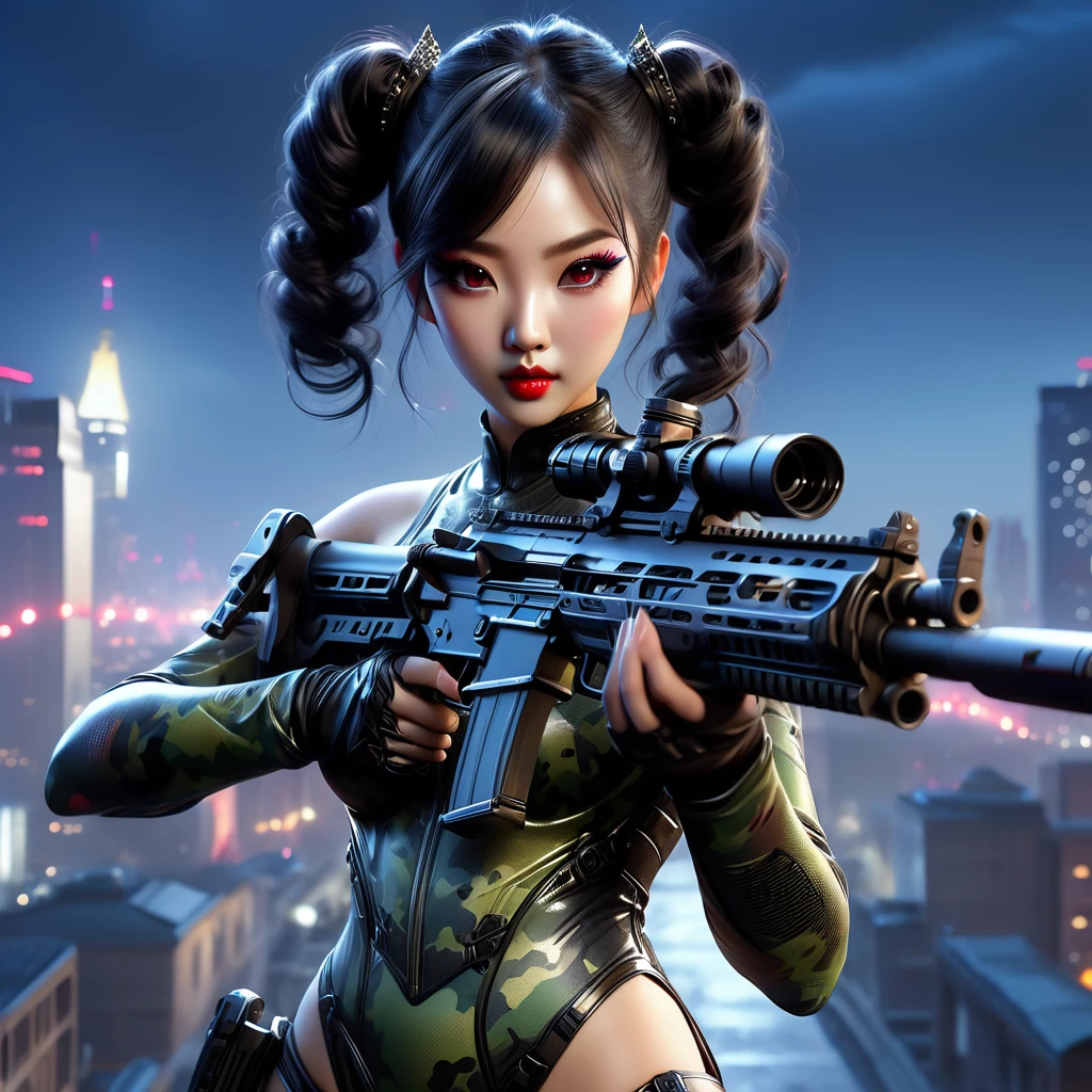 Beautiful Asian woman, large breasts, (black hair in two buns, no hair back: 1.4), wearing a night camo latex bodysuit and (night camo makeup: 1.4), holding an assault rifle in hand, against a night cityscape, dark background, full body portrait, master of Fang Zhongshu, immortal, (highest quality, 4k, 8k, high resolution, masterpiece: 1.2), ultra detailed, (realistic, photorealistic, photorealistic: 1.37), HDR, studio lighting, extremely detailed, vibrant colors, cinematic lighting