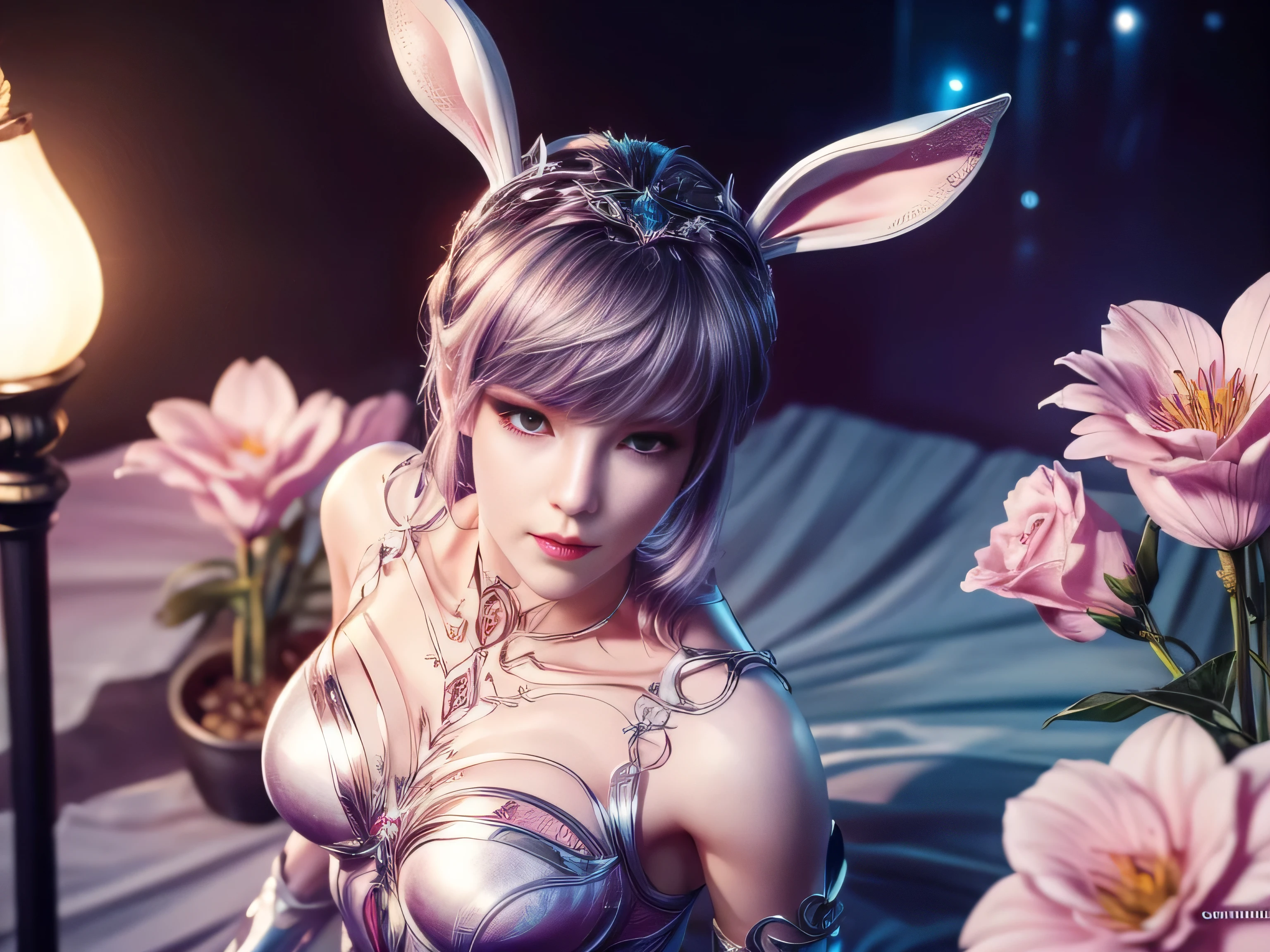 (Best Quality, 8K, Masterpiece, HDR, Soft Lighting, Picture Perfect, Realistic, Vivid), Bunny Girl (1.0), Bunny Girl with Pink Hair and Sexy Skimpy Clothes, pink bodysuit with glitter texture, Beautiful anime fantasy, Very beautiful and cute bunny girl, rain of pink flower petals, background blur, anime fantasy, work in Gouves style, realistic: 1.37, top view, lying in pink flowers, horizontal view, (Ultra High Quality Fantasy Art), Masterpiece, Female Model, Ultra High Quality Female Character Designs, Detailed 8k Anime Art, Realistic Anime Art, Highest Quality Wallpapers, Intricate Ultra High Quality Accurate Female Characters Faces, High Quality Designs and Accurate Physics (Fantasy- ultra-high quality art), dark fantasy style), masterpieces, super high quality characters, anime resolution - 8K, realistic anime art, wallpapers with the highest quality illustrations, ultra-high facial detail, high-quality design and accurate physics), color, depth of field, shadows, ray tracing, high quality workmanship. -high-quality computer wallpapers and 8K resolution, (Accurate simulation of the interaction of light and materials)], [High-quality hair detail [More about beautiful and shiny white hair]], (Beautifully detailed hands [perfect fingers [Perfect nails]]]]]], (perfect anatomy (perfect proportions)))) [[Full-length]], [Perfect combination of colors (Accurate imitation of the interaction of light and material)], [art that conveys the meaning of history]