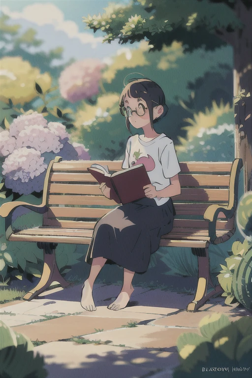 High resolution，8k，One Girl，Very short stature，cute，Baby Face，Glasses，Lamia，scale， White Print T-Shirt，whole body，original character, Volumetric lighting, Best Shadow, Shallow depth of field, Stunningly beautiful girl，delicate, Beautiful and attractive face，Early summer park at dusk，Hydrangea flower，Reading a book on the bench，kitten，
