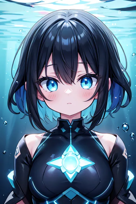 Abyss girl, underwater, depths, deep sea alien girl, cute, black hair, glowing blue eyes, LED clothing