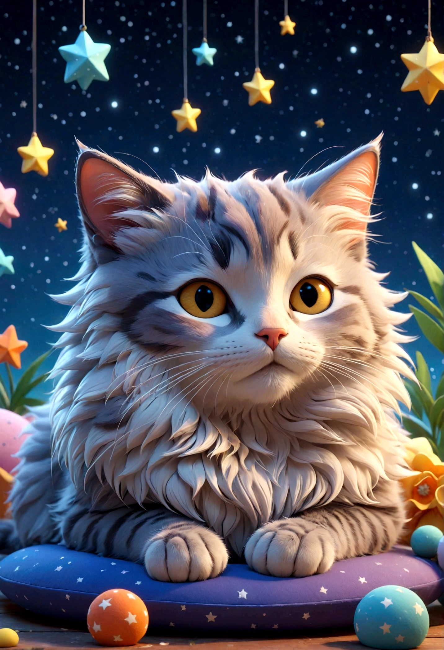 Starry Sky,Bright colors,Rich details, Lovely 3 d render, Lovely! c4d, 3D Rendering Style, Stylized as a 3D rendering, Lovely creature, Stylized 3D, Soft 3D Rendering, Lovely detailed digital art, Stylized 3D rendering, Cute numbers, 3D Minimal Shop Cat,Sleeping