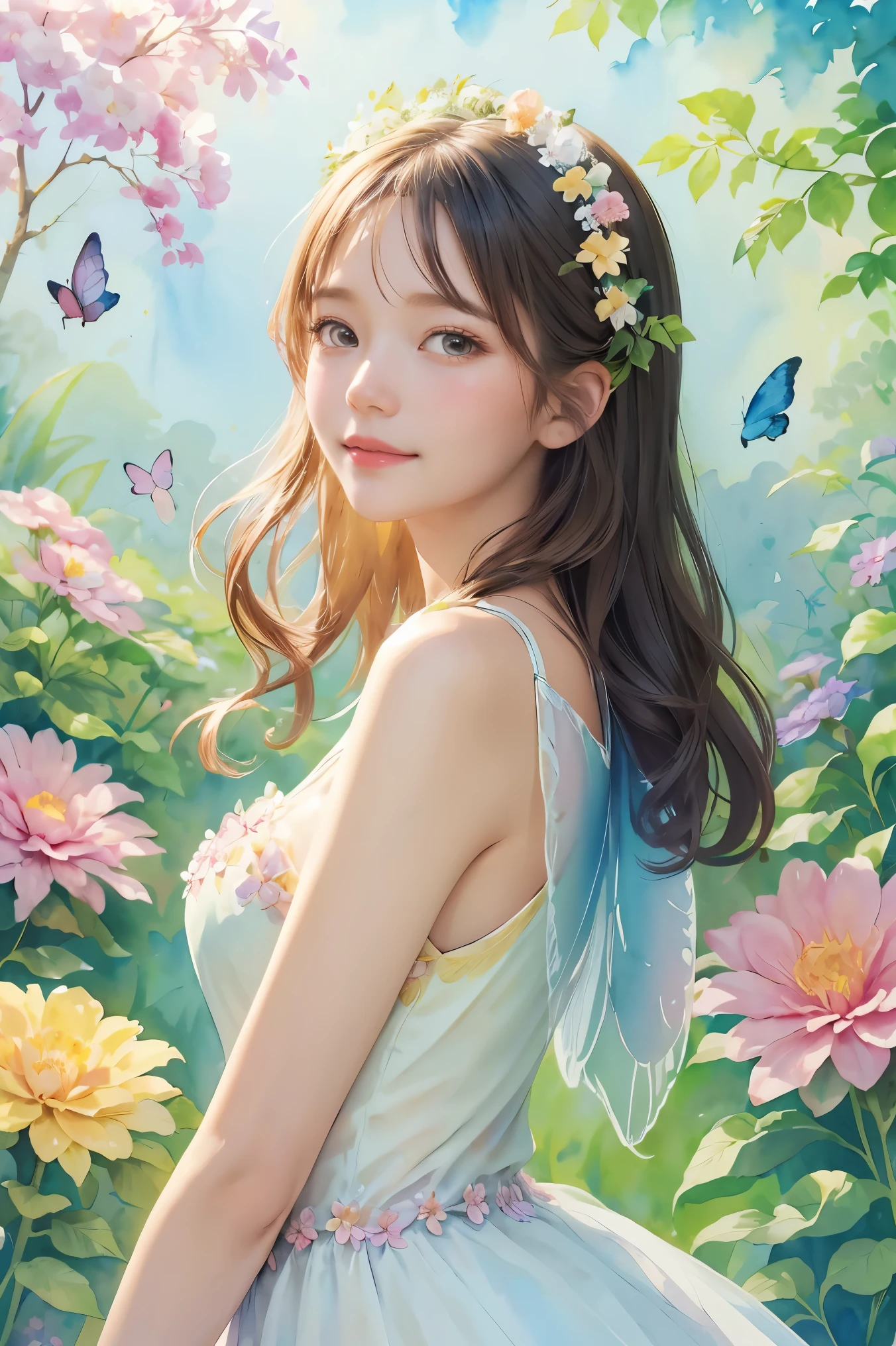요정 의상을 입은 아름다운 소녀, 꽃과 나비에 둘러싸여. 콘텐츠: 수채화 그림. 스타일: 기발하고 섬세하다, 마치 동화책 일러스트처럼.