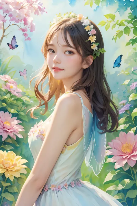A beautiful girl in a fairy costume, surrounded by flowers and butterflies. Content: watercolor painting. Style: whimsical and d...