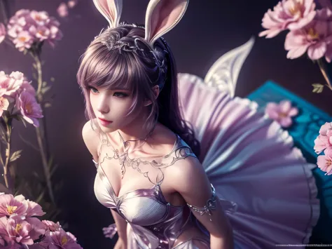 (best quality, 8k, masterpiece, hdr, soft lighting, picture perfect, realistic, vivid), bunny girl (1.0), bunny girl with pink h...