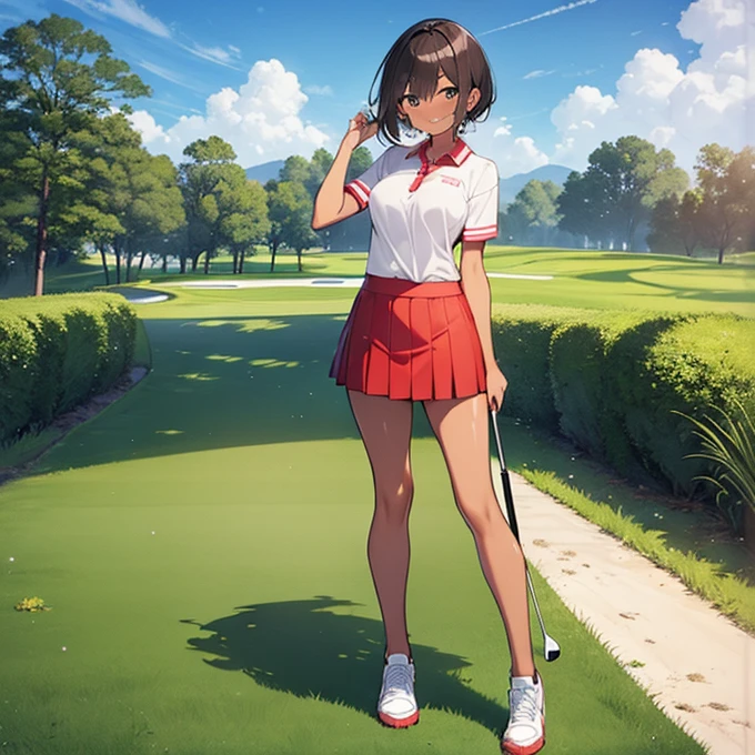 son　haute résolution　Beauté 8k　Femme jouant au golf　Terrain de golf　Belle femme　Cheveux courts　peau brune　Vêtements de golf　mini jupe　sourire　　en regardant la caméra　Marque de coup de soleil　larmes　la victoire