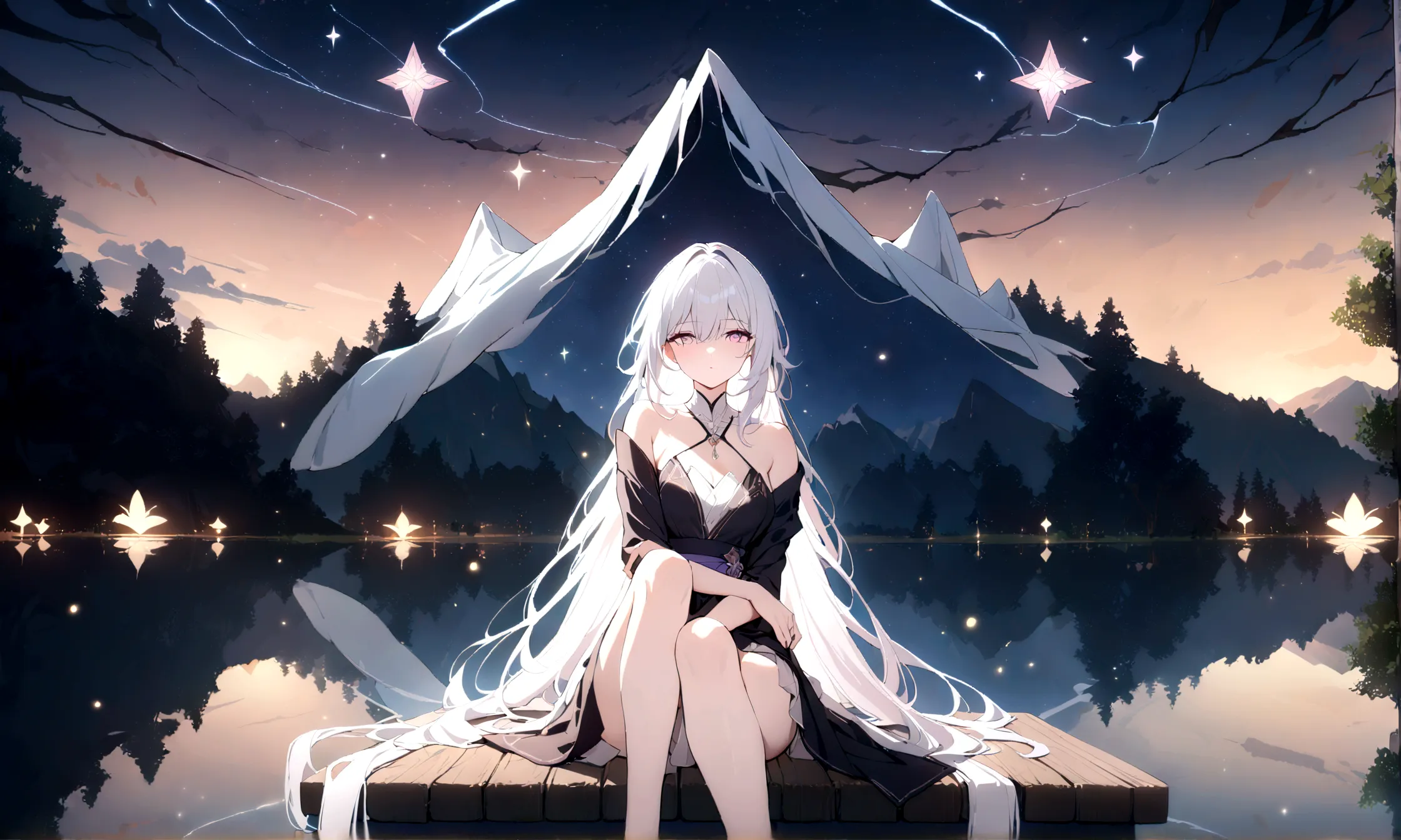 a beautiful girl, long flowing white hair, (purple eyes, *_*), black yukata, (sparkle, honkai star rail) sitting on the edge of ...