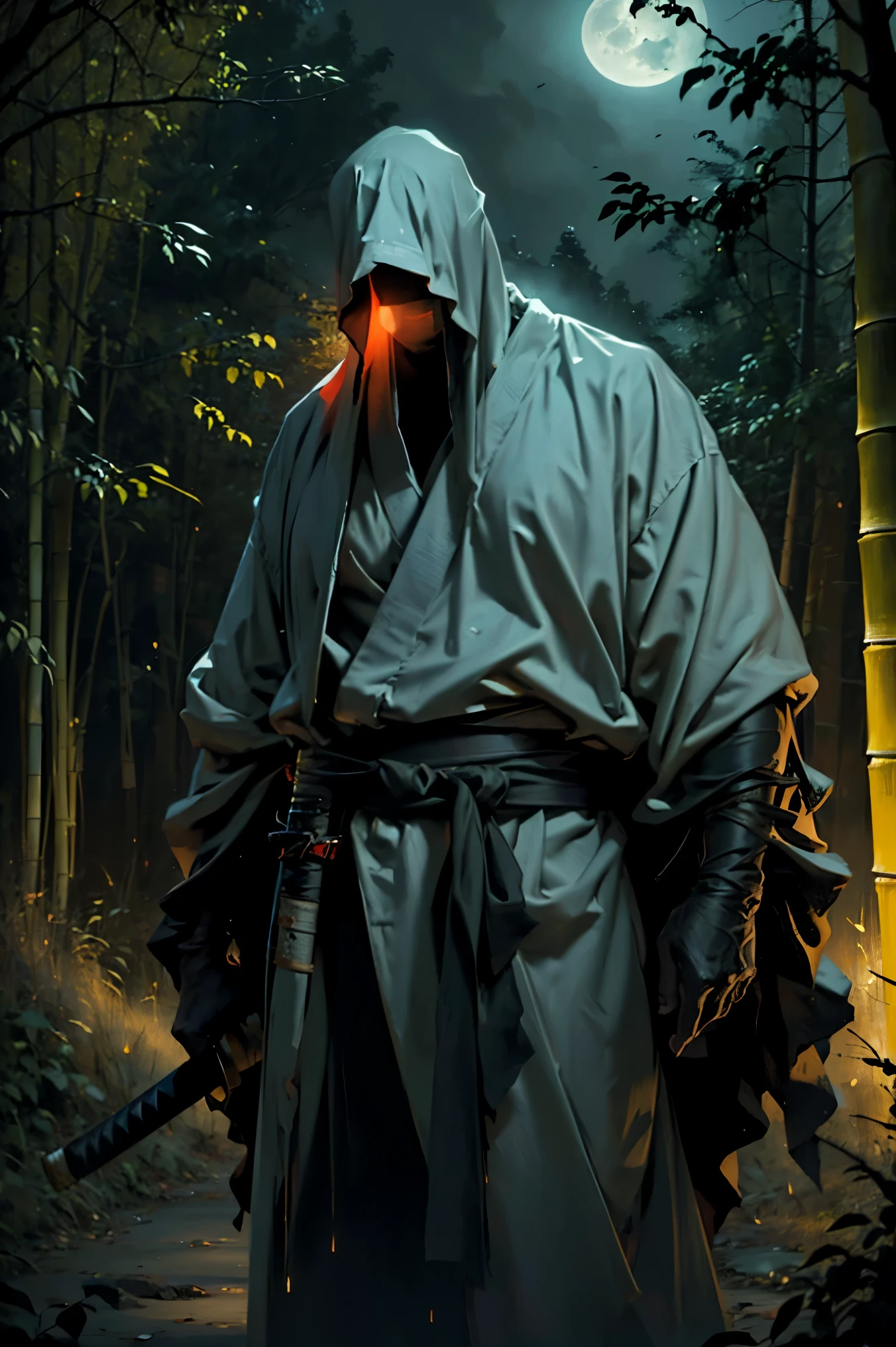 (best quality, 4k, highres, masterpiece:1.2), ultra-detailed, (realistic, photorealistic, photo-realistic:1.37), a man dressed as a samurai stands in the rain, wearing a bamboo hat (kasa) on his head. He is surrounded by a dense forest, alive with the sounds of nature. It's a moonlit night, and the darkness adds to the mysterious ambiance. The man is wearing a black kimono with neon red stripes that glow in the darkness, making him stand out in the scene. His sword (katana) is unsheathed, combat in the face of imminent disasters, 