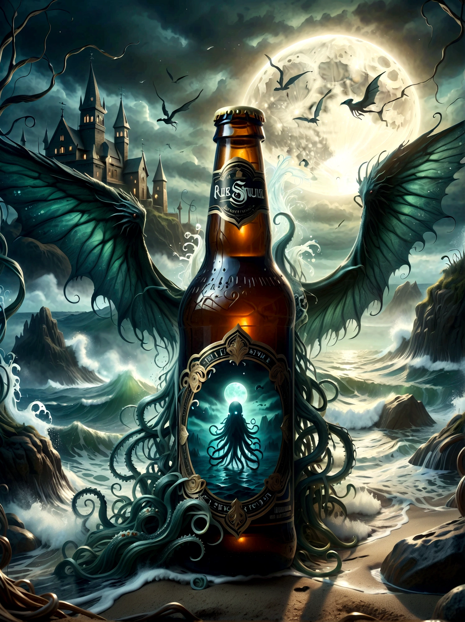Visualize this: a dimly lighted ancient, colossal creature, reminiscent of Lovecraft's creature with tentacles and wings - descending ominously through misty waters. In the foreground, a crafted beer displaying intricate details on the bottle, the frothy ale almost spilling out of its brim, with the eerie backdrop subtly reflecting on the glass surface. The atmosphere is thick with an undercurrent of subtle horror seductively luring you into this scenario borrowed from Lovecraft's eerie world but reimagined with modern elements.