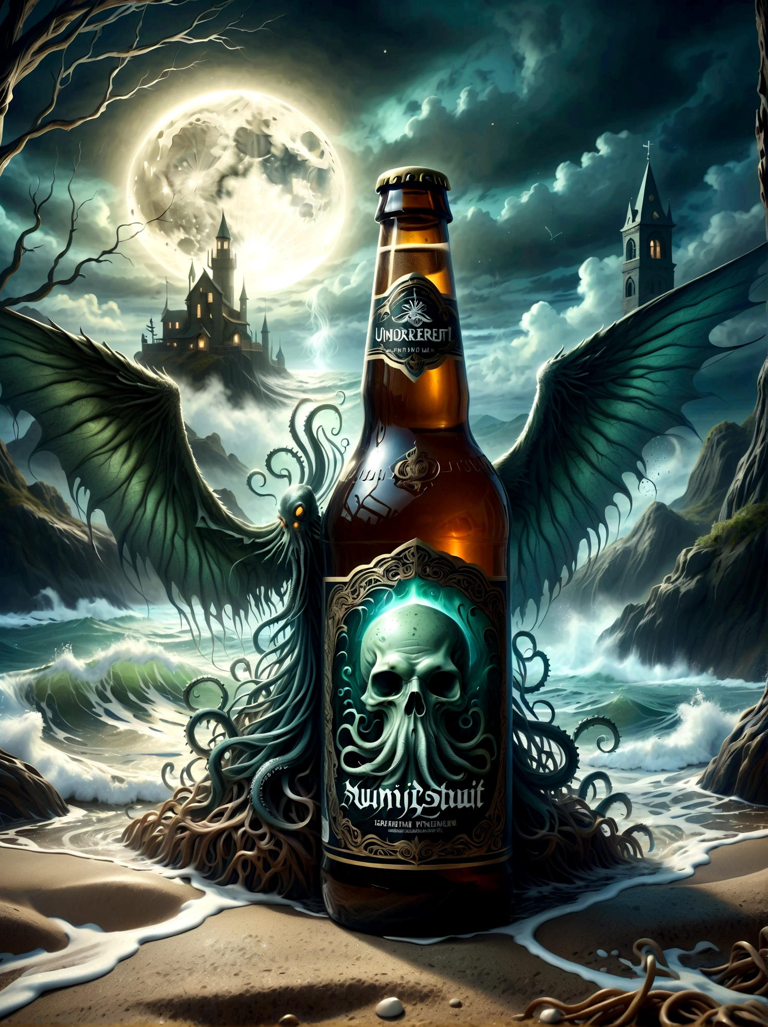 Visualize isso: um antigo mal iluminado, criatura colossal, uma reminiscência da criatura de Lovecraft com tentáculos e asas - descendo ameaçadoramente através de águas enevoadas. Em primeiro plano, uma cerveja artesanal exibindo detalhes intrincados na garrafa, a cerveja espumosa quase transbordando, com o cenário misterioso refletindo sutilmente na superfície do vidro. A atmosfera é densa com uma corrente de terror sutil, atraindo você sedutoramente para este cenário emprestado do mundo misterioso de Lovecraft, mas reimaginado com elementos modernos..