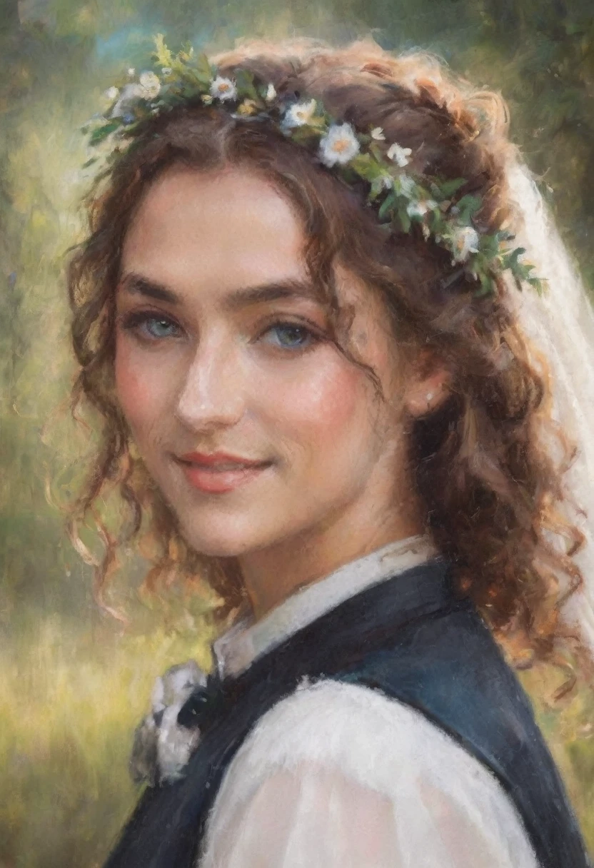 (best quality,4k,High resolution:1.2),Realistic Portraits,Beautiful and detailed eyes and lips,Delicate face,Bright Lights,Warm colors,Charming Slavic Groom，curly hair,feed cap,Vest,Smile,Wedding theme