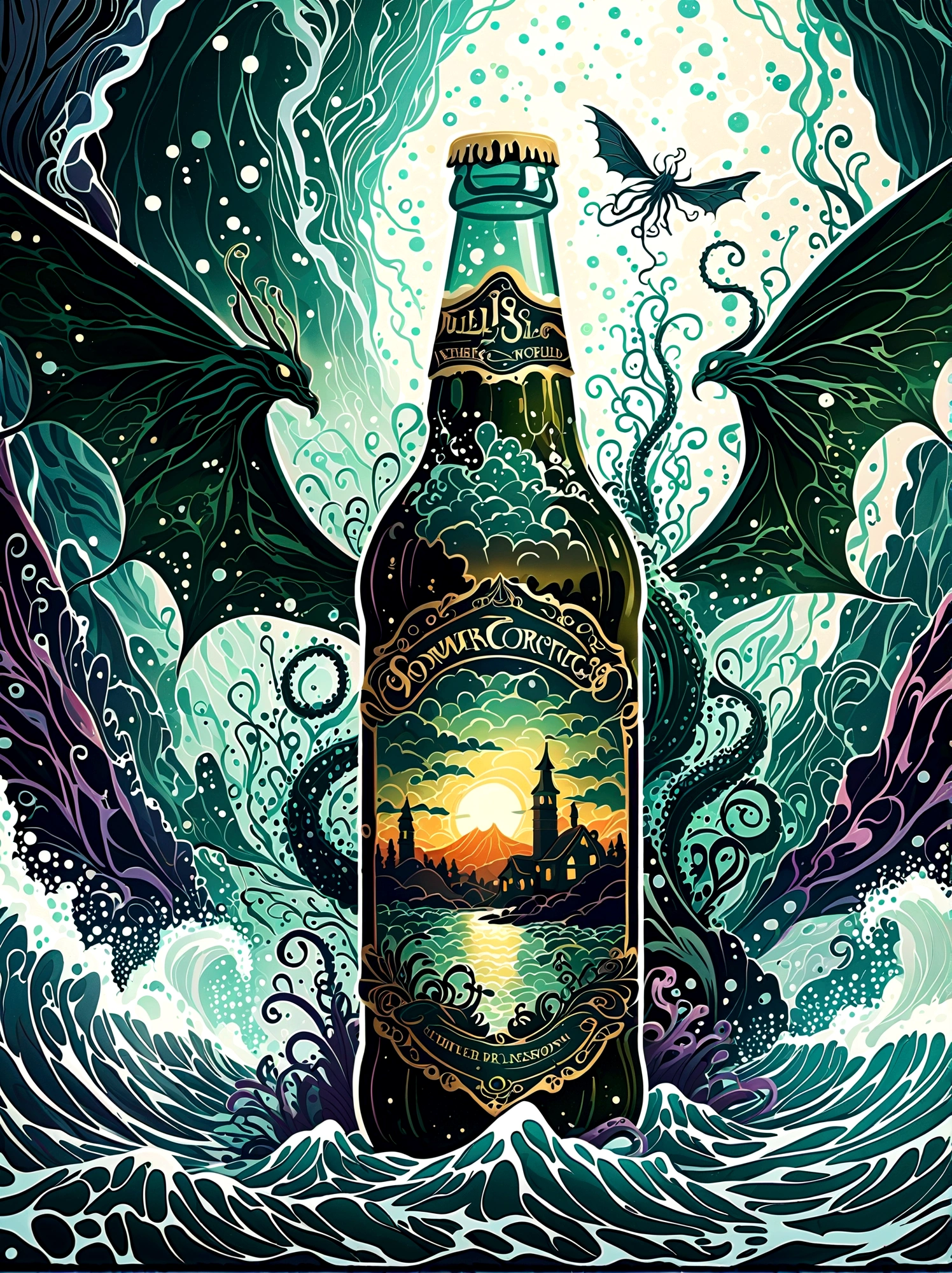 Visualize this: a dimly lighted ancient, colossal creature, reminiscent of Lovecraft's creature with tentacles and wings - descending ominously through misty waters. In the foreground, a crafted beer displaying intricate details on the bottle, the frothy ale almost spilling out of its brim, with the eerie backdrop subtly reflecting on the glass surface. The atmosphere is thick with an undercurrent of subtle horror seductively luring you into this scenario borrowed from Lovecraft's eerie world but reimagined with modern elements, 1pzsj1