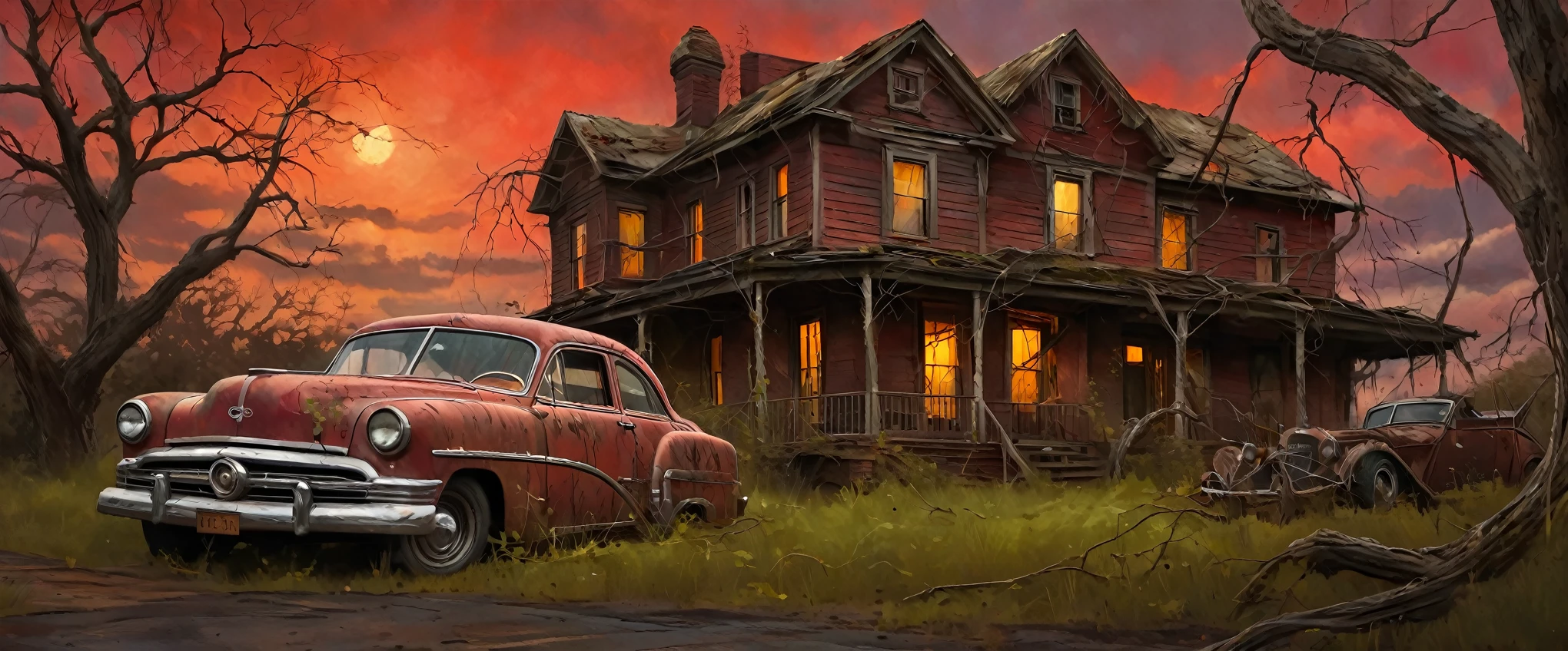 Una casa antigua desgastada, cubierto de enredaderas, Un vintage oxidado 34 Ford coup estacionado en la entrada, un árbol muerto retorcido que se encuentra en primer plano, espectacular cielo rojo nublado, iluminación cinematográfica, tonos terrosos apagados, Alto detalle, Fotorrealista