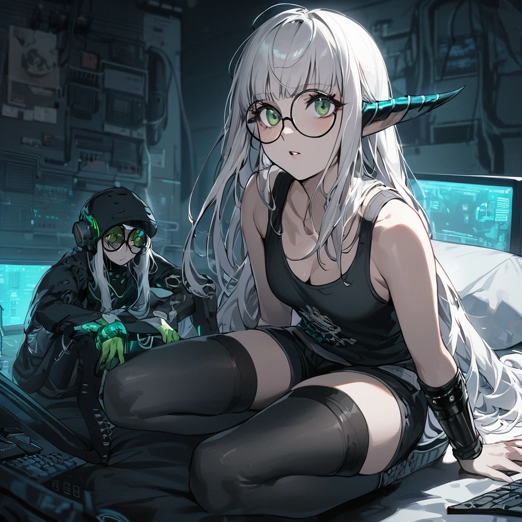 ((best quality)), ((masterpiece)), (detailed), 1girl, anime girl, smalll bed room background, sitting on knees, white hair, elf, thin horns, blue, punk, tech, jelly fish hair cut, dagger, tired, shaggy long hair, round glasses, messy, tank top and shorts, looking up, computers, thigh highs, green eyes,, cyberpunk