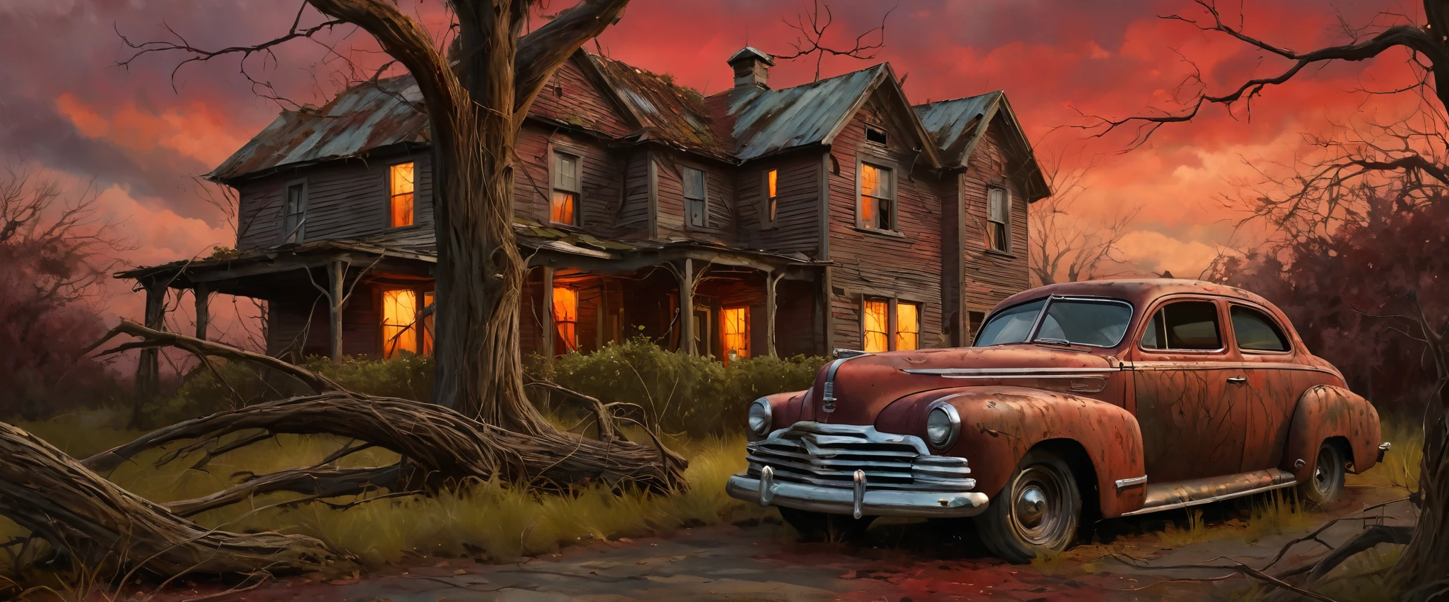 Una casa antigua desgastada, cubierto de enredaderas, Un vintage oxidado 34 Ford coup estacionado en la entrada, un árbol muerto retorcido que se encuentra en primer plano, espectacular cielo rojo nublado, iluminación cinematográfica, tonos terrosos apagados, Alto detalle, Fotorrealista