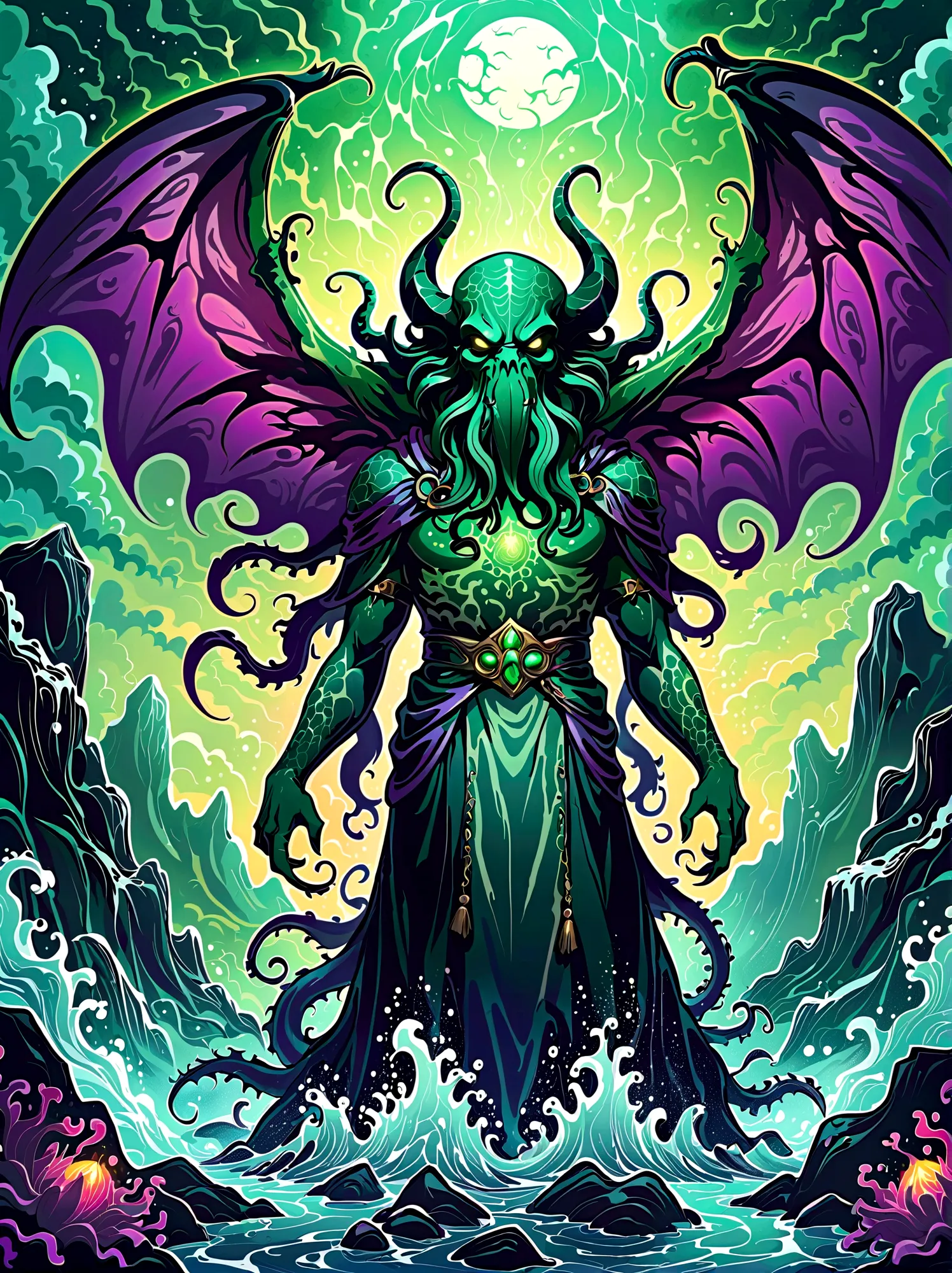Create an image illustrating a fearsome interpretation of the ancient deity Cthulhu, as envisioned in Lovecraftian horror litera...