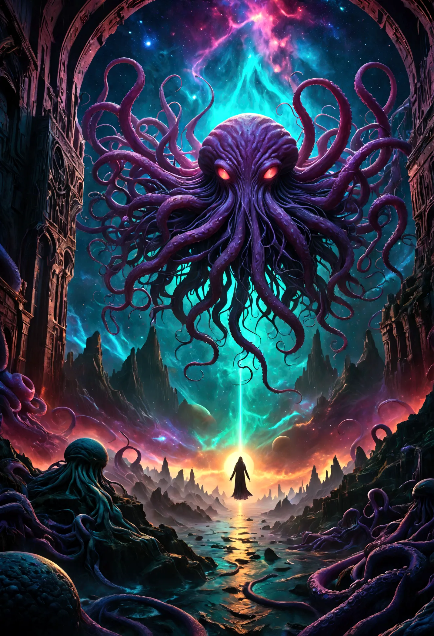 a cosmic horror landscape, dark eldritch abomination, tentacles reaching out from the void, cosmic scale, ancient alien entity, ...