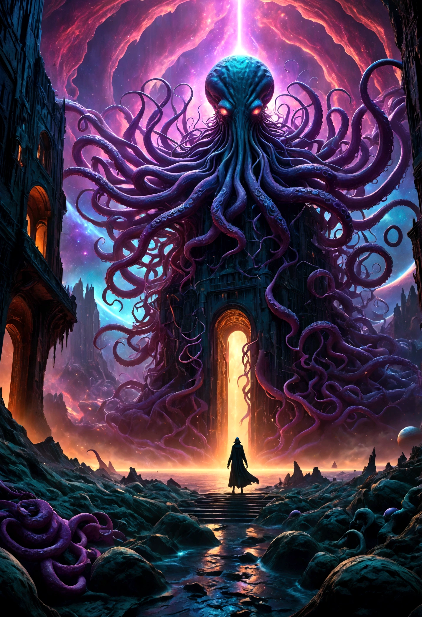 a terrifying ancient eldritch entity, cthulhu mythos, cosmic horror, long tentacles, wings, divine and demonic form, cloak, contrast, relativity, quantum mechanics, abyss, nightmarish existence, insane, bizarre, (best quality,4k,8k,highres,masterpiece:1.2),ultra-detailed,(realistic,photorealistic,photo-realistic:1.37),dark moody atmosphere, cinematic lighting, dramatic shadows, muted colors, chiaroscuro