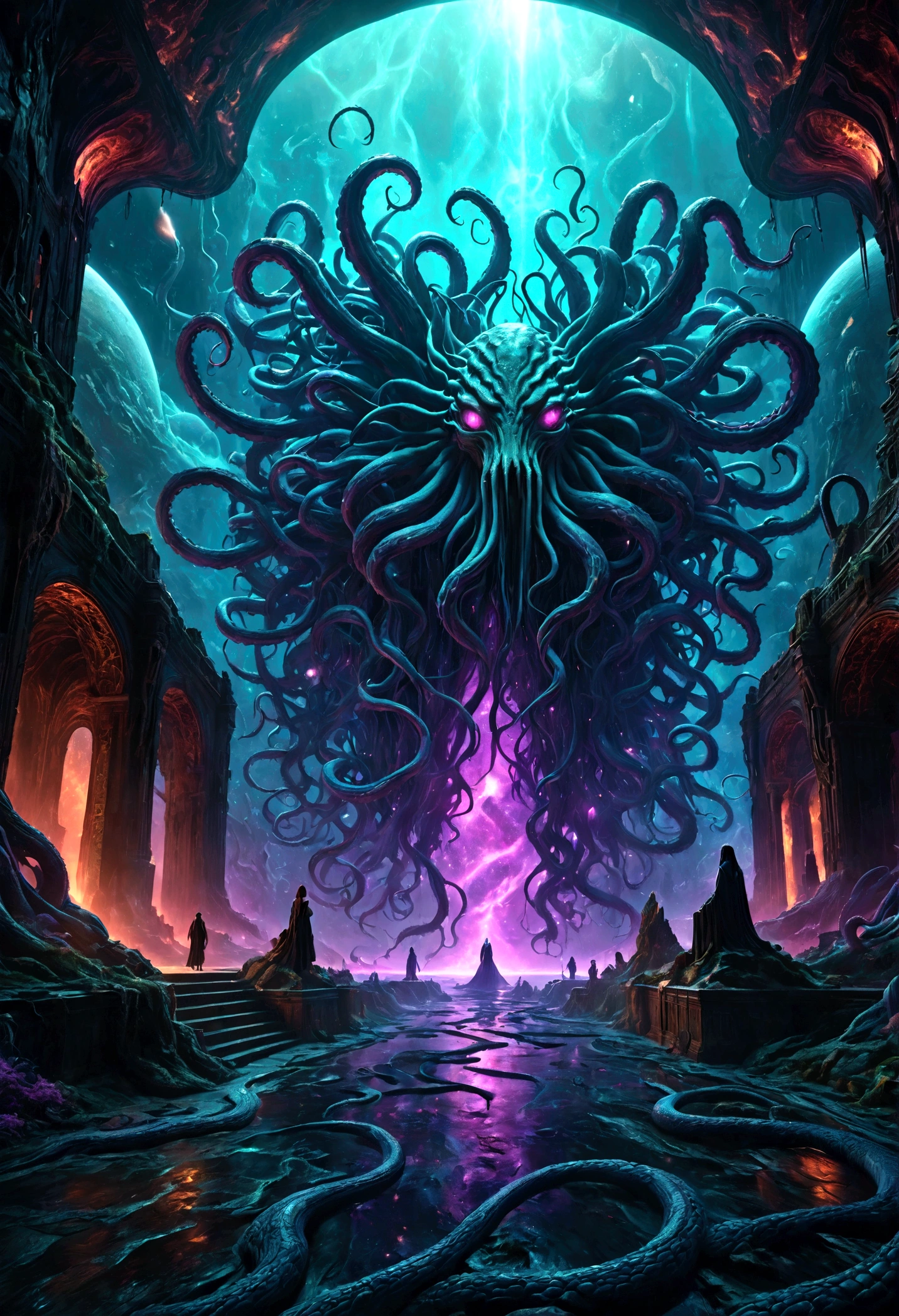 a cosmic horror landscape, dark eldritch abomination, tentacles reaching out from the void, cosmic scale, ancient alien entity, surreal otherworldly atmosphere, glowing energy tendrils, visceral organic textures, alien architecture, chiaroscuro lighting, deep saturated colors, cinematic dramatic composition, masterpiece, (best quality,8k,highres,ultra-detailed,realistic,photorealistic:1.4),(cinematic,dramatic,dark,grim:1.2),eldritch,cosmic horror,lovecraftian,surreal