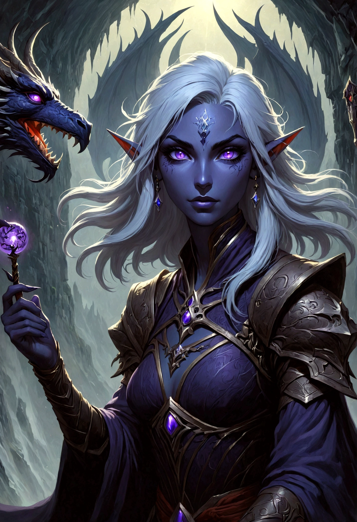 白发Dark Elves， Noah Bradley (Noah Bradley) Inspiring Portraits,Dark Elves，Drow，Dungeons &amp; Dragons，Magic Game，magic，Summon the Divine Dragon