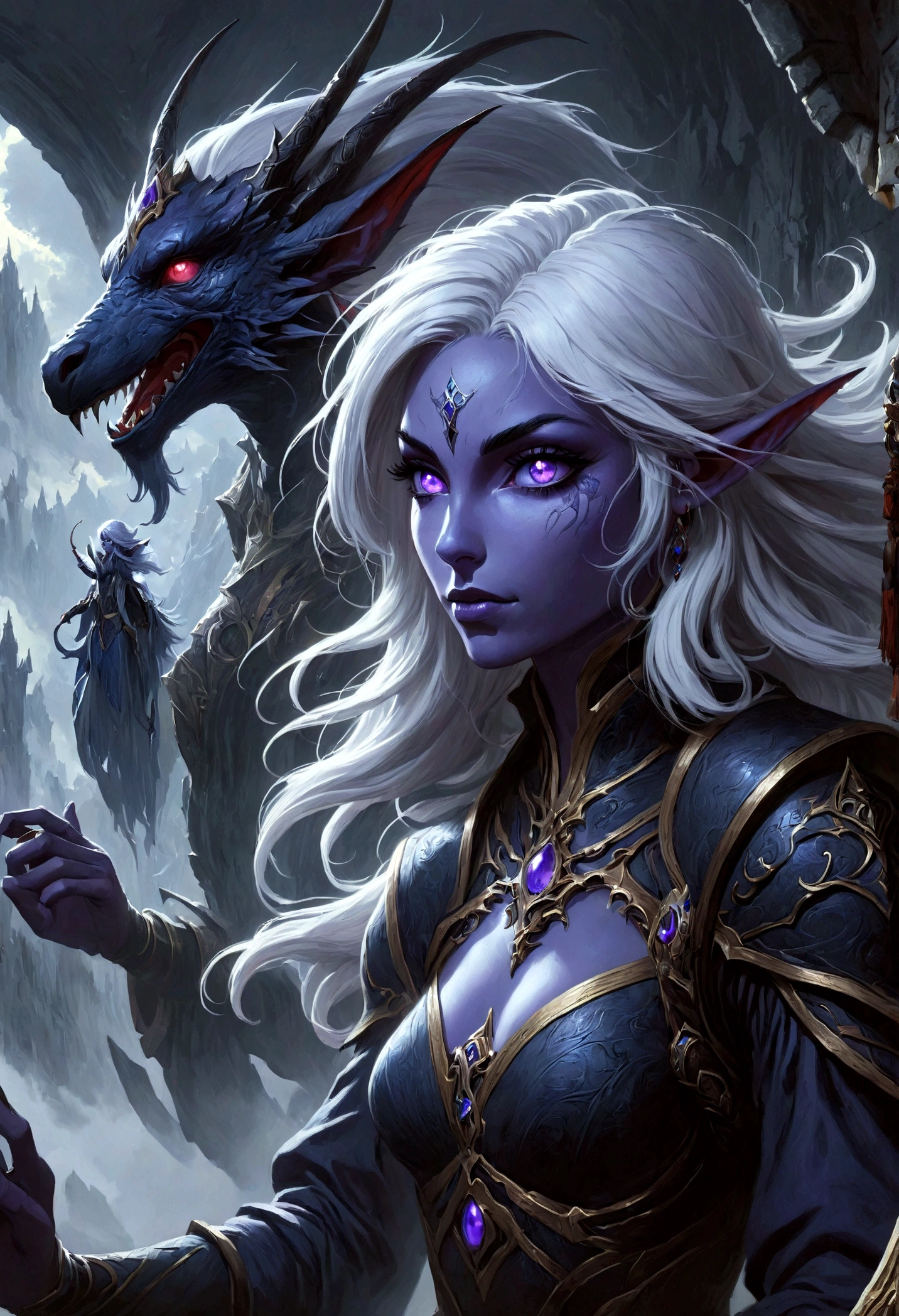 白发Dark Elves， Noah Bradley (Noah Bradley) Inspiring Portraits,Dark Elves，Drow，Dungeons &amp; Dragons，Magic Game，magic，Summon the Divine Dragon