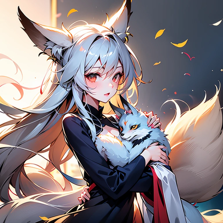 One Girl, Fox Girl, Fox&#39;s Tail, Nine-Tailed Fox,Fox Ears, Black colored hair, Fox Makeup,One Girl,  Kimono with open chest, Body size is 100-70-90!, Nice body, Avatar, face, Open chest, lewd face, Dominant representation, naughty face, Big Breasts, Emphasize cleavage,Show bare skin, Skin is visible, With legs apart, Show off your thighs, M-shaped legs, A beautifully patterned kimono,Red and black flowing water pattern kimono, I can see her cleavage, Muscular, Uplifting, Abdominal muscles, Exposed skin, Long Hair, Skin Texture, Soft breasts, Large Breasts, Standing in a grassy field, outside, Blue sky,Composition facing directly ahead, Grab your breasts with both hands, Fingers digging into breasts, Developmental atmosphere, god mysterious painting