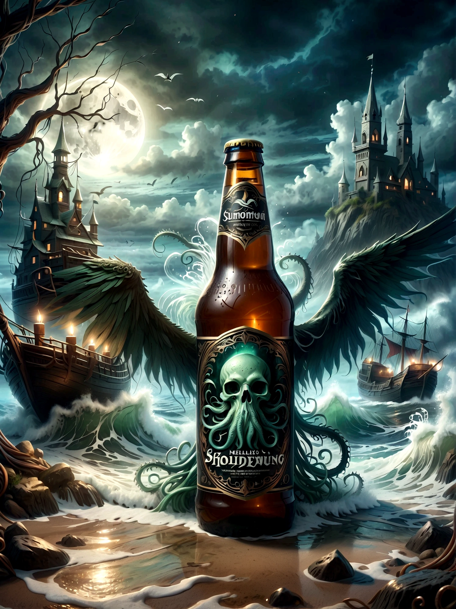 Visualize this: a dimly lighted ancient, colossal creature, reminiscent of Lovecraft's creature with tentacles and wings - descending ominously through misty waters. In the foreground, a crafted beer displaying intricate details on the bottle, the frothy ale almost spilling out of its brim, with the eerie backdrop subtly reflecting on the glass surface. The atmosphere is thick with an undercurrent of subtle horror seductively luring you into this scenario borrowed from Lovecraft's eerie world but reimagined with modern elements.