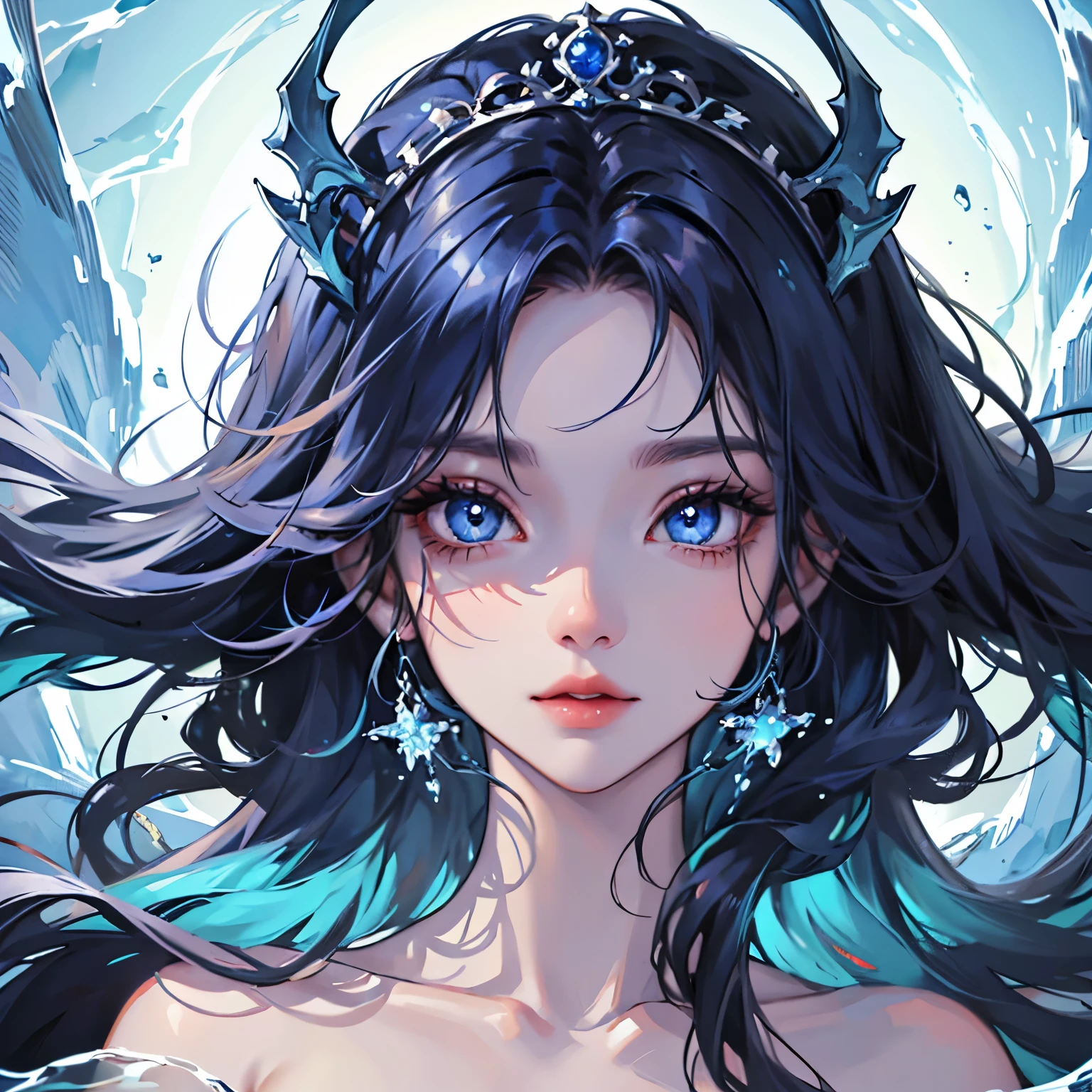 woman, clear skin, detailed eyes, pretty lashes,earth goddess, half is made of water, glowing eyes, close up, clear gorgeous eyes, portrait, blue hair
