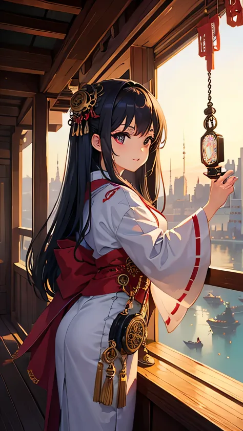 (highest quality), girl,Oriental detailed background, Oriental cityscape, steampunk, Shrine maiden