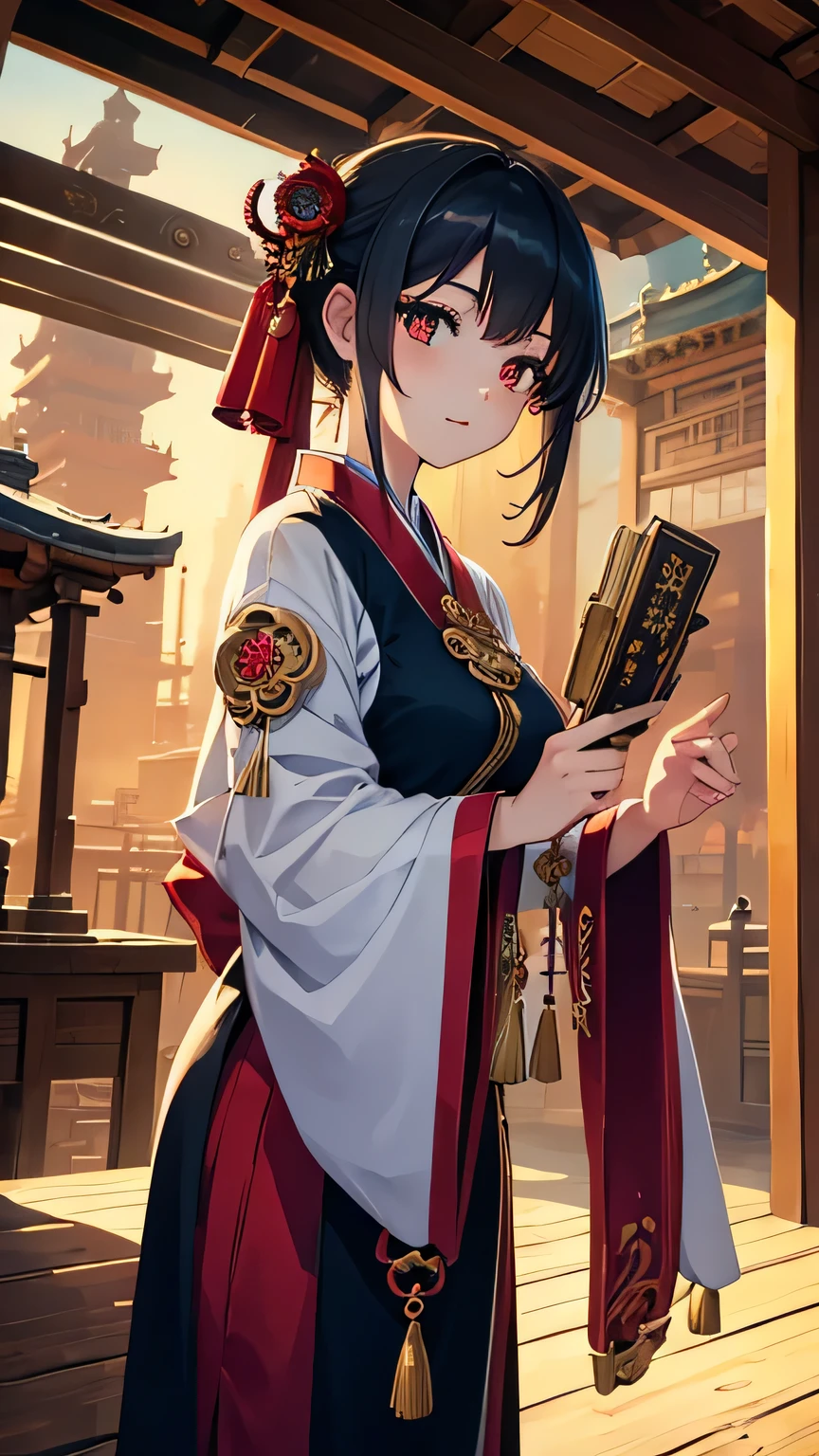 (highest quality), girl,Oriental detailed background, Oriental cityscape, steampunk, Shrine maiden