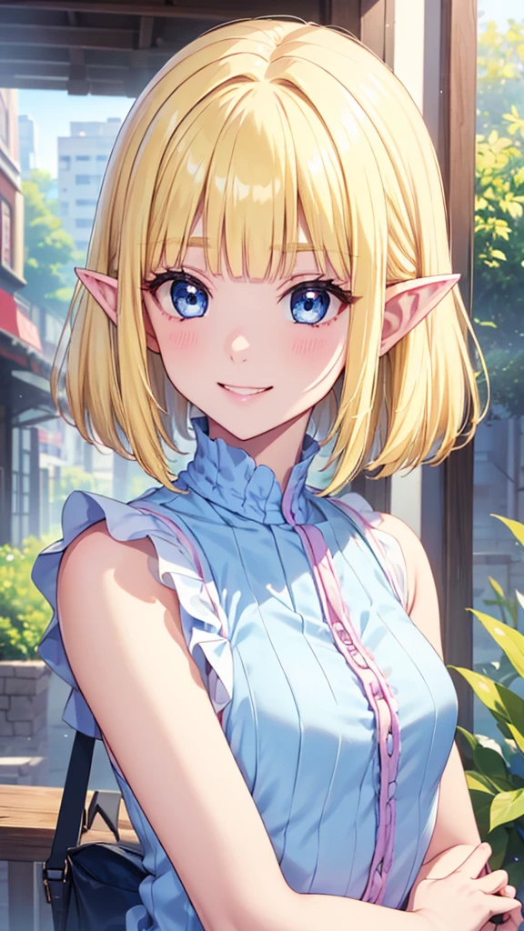 Very close、((Focus on the upper body))、16k、masterpiece、High resolution、High resolution、((1 young elven woman))、((Beautiful white skin))、((Beautiful blonde))、((Small breasts))、Bunhead、short hair、((Beautiful Blue Eyes))、((Pointed Ears))、Smiling Kindly、Grin、blush、Pink Lip Gloss、Shiny skin、((Blue sleeveless summer sweater with ruffles))、((In a crowded city))、