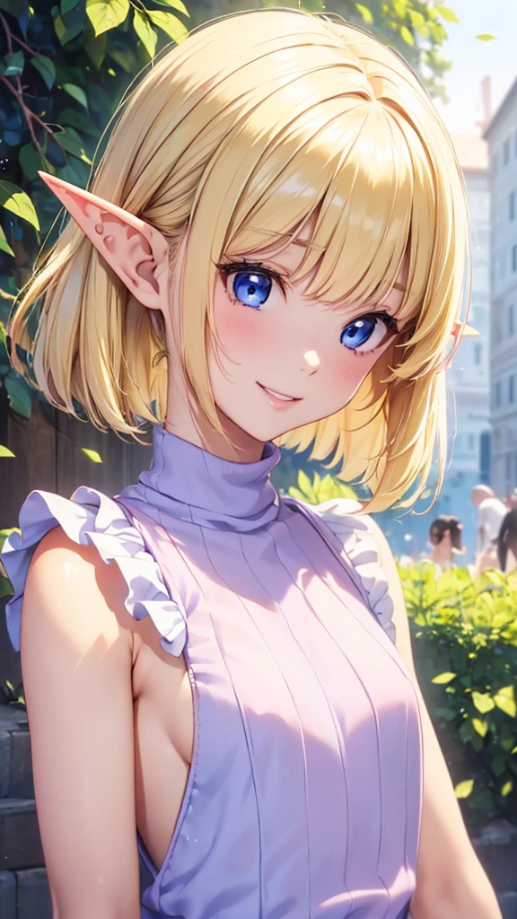 Very close、((Focus on the upper body))、16k、masterpiece、High resolution、High resolution、((1 young elven woman))、((Beautiful white skin))、((Beautiful blonde))、((Small breasts))、Bunhead、short hair、((Beautiful Blue Eyes))、((Pointed Ears))、Smiling Kindly、Grin、blush、Pink Lip Gloss、Shiny skin、((Purple sleeveless summer sweater with ruffles))、((In a crowded city))、