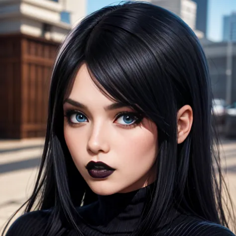 anime lesbian goth girl with long glowing black hair, blue eyes, and full lips staring at the camera, she has black hair with ba...
