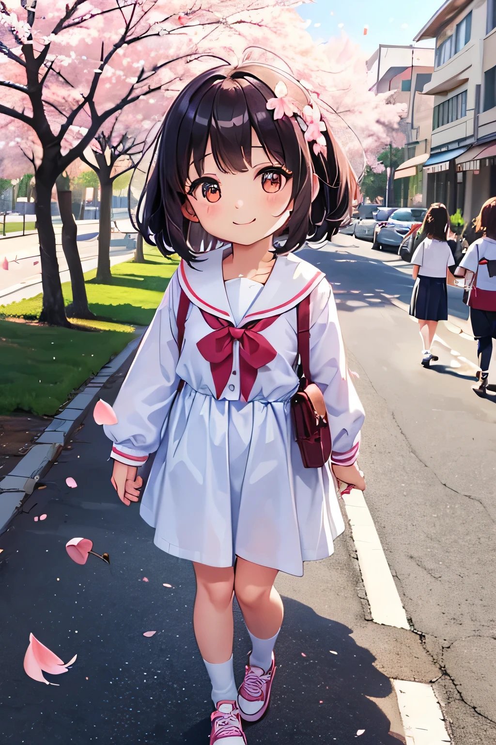 highest quality、High resolution、Detailed Background、(Detailed eyes:1.2)、10 year old beautiful girl、(Highly detailed face:1.4)、Huge breasts、Cute hair color、Cute hairstyle、
Carrying your backpack tightly、Walking energetically with small steps、
(The sight of children happily walking to school holding hands with their friends, chatting with smiles on their faces, and surrounded by falling cherry blossom petals:1.5)、
So cute!、It&#39;s soothing to watch.、
The way to school、A moment of fun、
Of girls with exciting hearts、A scene of friendship、
I can&#39;t help but smile、Such a day々In the scenery、

Watching over your little back makes me feel kind、
Because we wish for a childlike innocence and healthy growth、
A light blue uniform-style sailor dress with the hope that she will make her life better from now on.、
Stylish and clean-looking T-shirts and polo shirts with designs decorated with frills and ribbons、Skirts and culottes are suitable、Jackets and cardigans are recommended、
The design is decorated with ribbons and lace for a cute look.、Sneakers or flat shoes are recommended