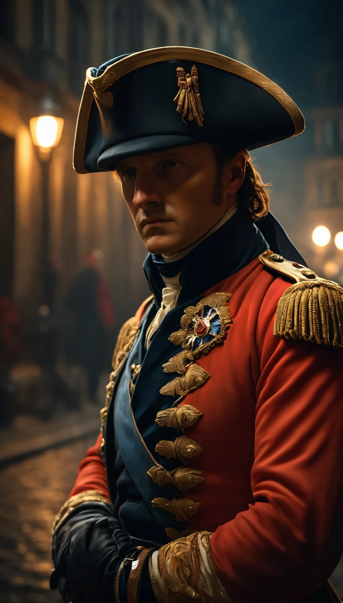 Depict Napoleon's expression as one of frustration and uncertainty as he realizes the city is deserted, background dark, hyper realistic, ultra detailed hyper realistic, photorealistic, Studio Lighting, reflections, dynamic pose, Cinematic, Color Grading, Photography, Shot on 50mm lens, Ultra-Wide Angle, Depth of Field, hyper-detailed, beautifully color, 8k